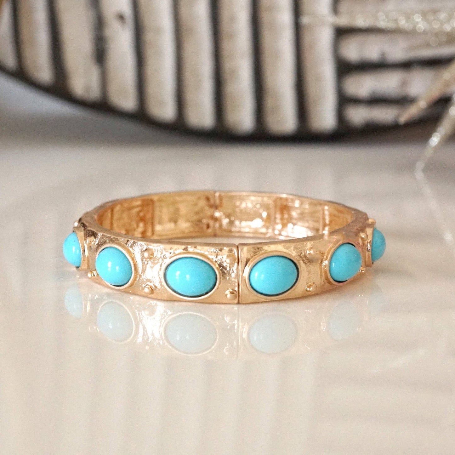 #403 Classic Golden Stretchy Bangles – Pearl or Turquoise Accents