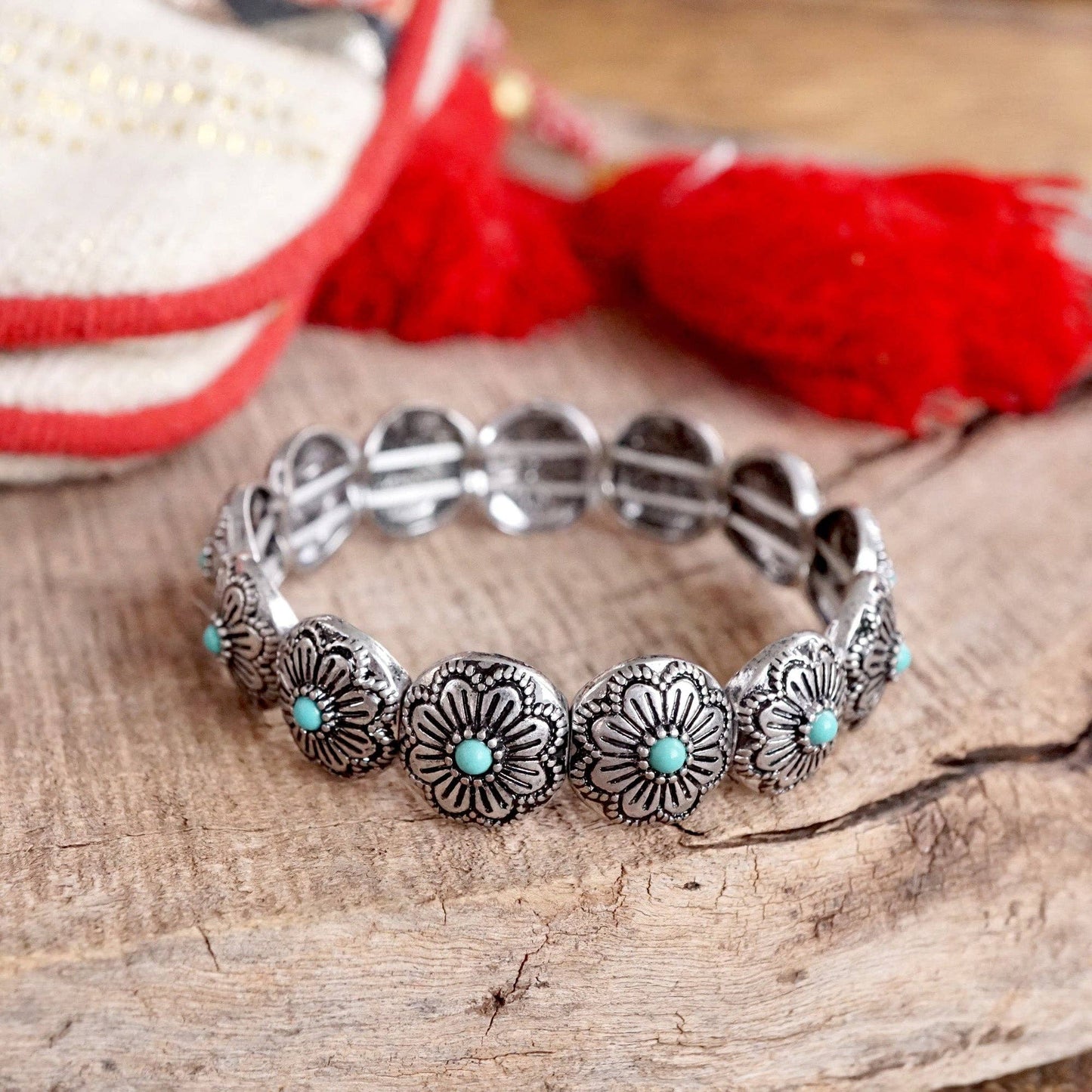#408 Western Stretchy Bangles – Buffalo Turquoise Flowers in Worn Silver Tone
