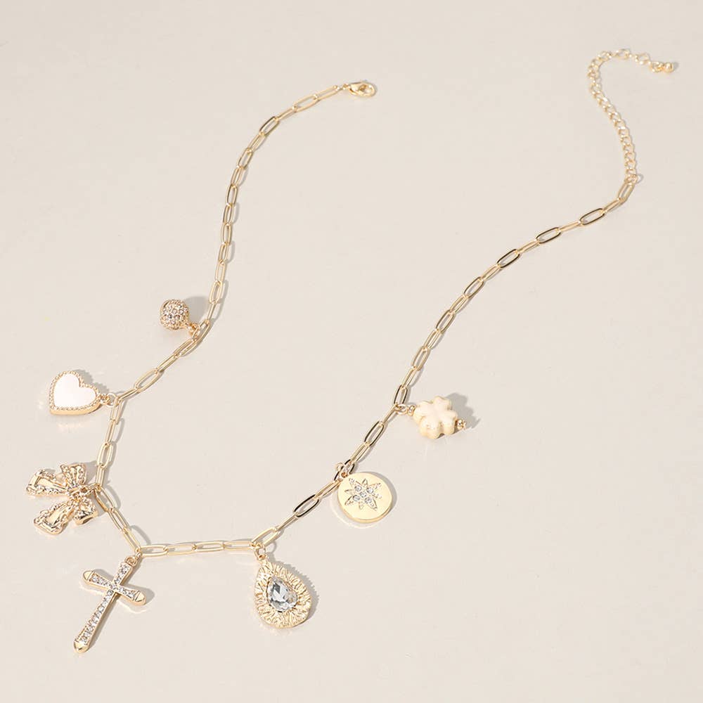 #470 Cross Mother of Pearl Heart Clover Bow Charm Chain Necklace
