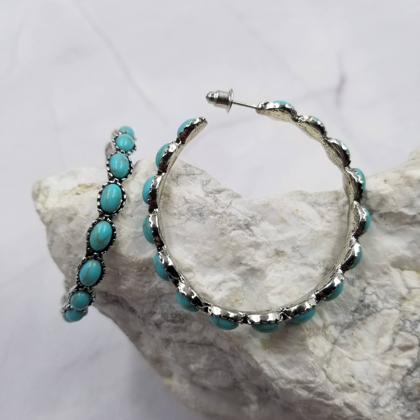 #502 Turquoise Stone Bead Hoop Earrings