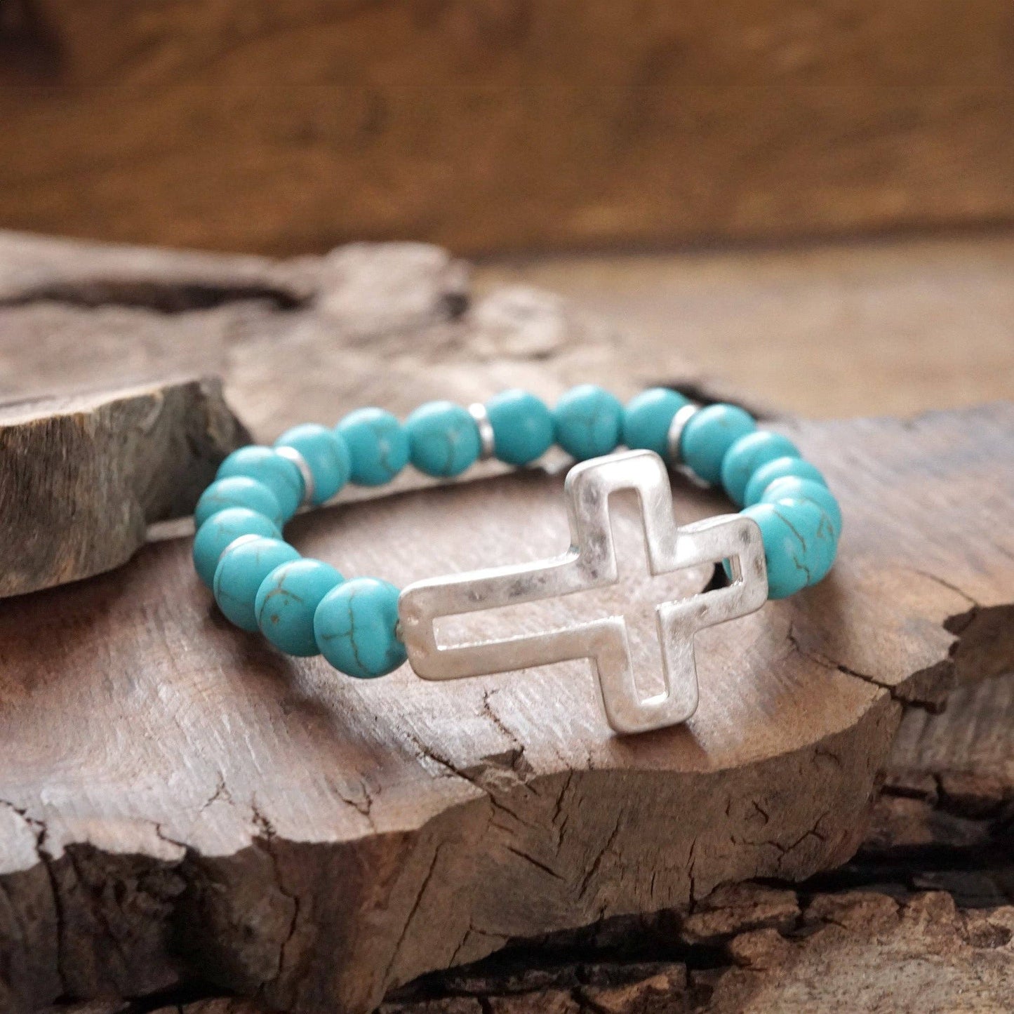 #398 Cross bracelet with Turquoise color beads and silver hammered cross