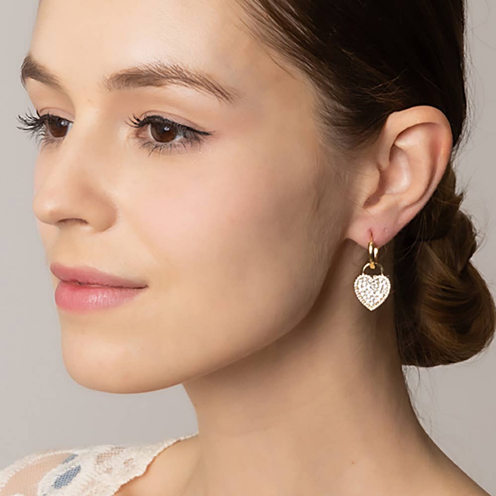 #468 14K Gold Dipped CZ Stone Paved Heart Drop Huggie Earrings