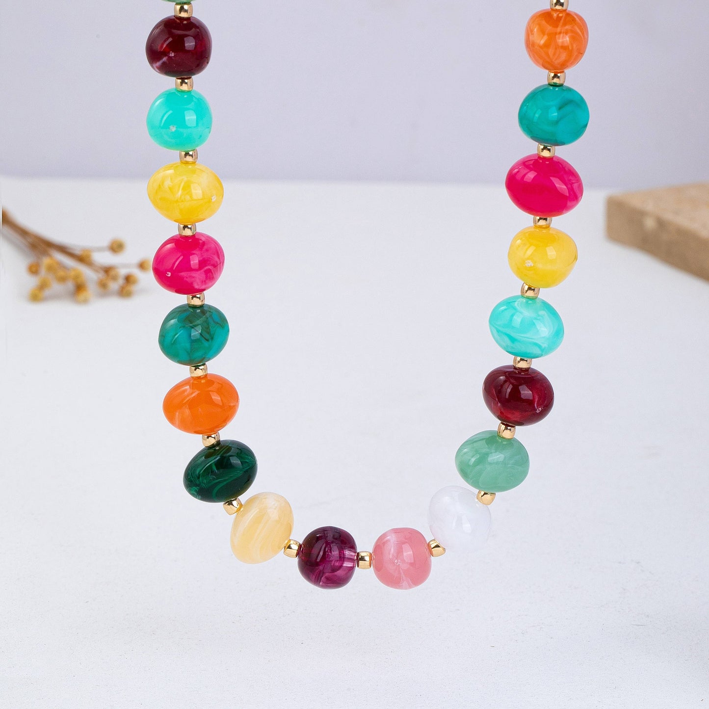 #1092 Multi Colored Resin Pebble Beaded Necklace
