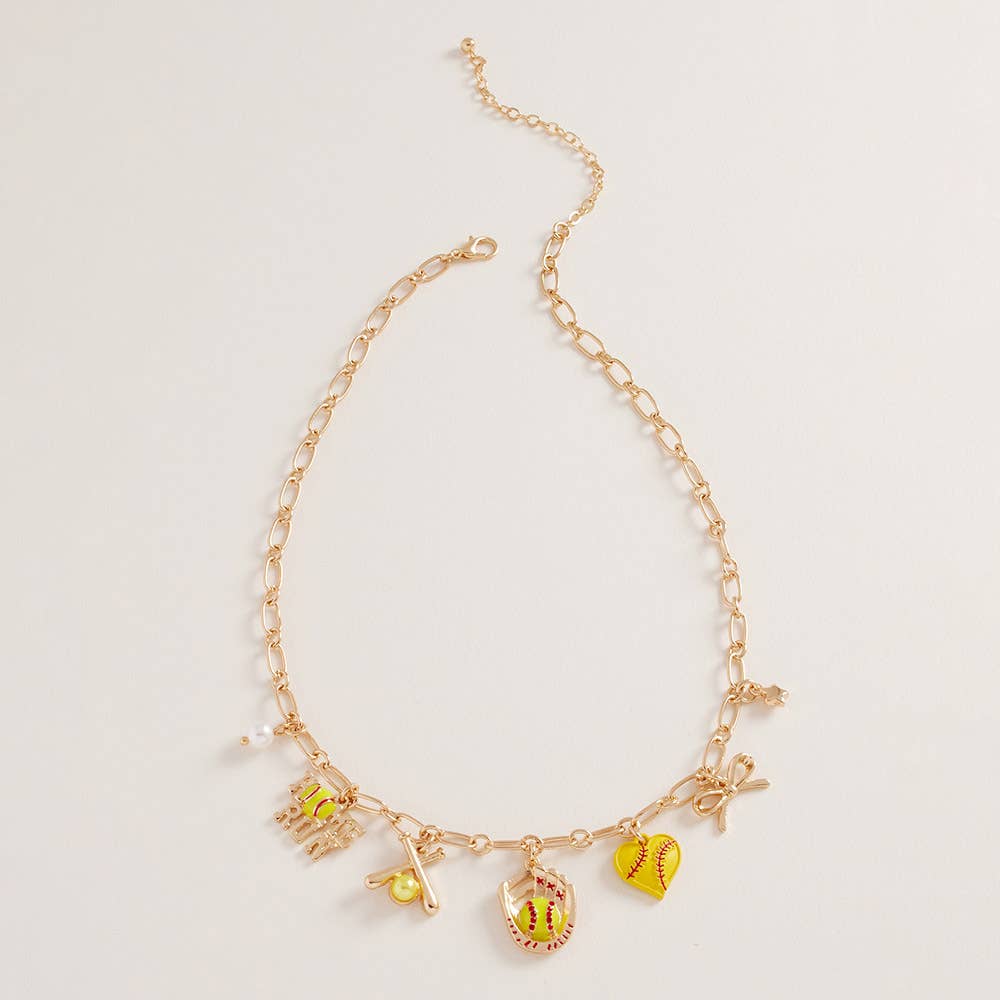 #474 Softball Bow Pearl Charm Necklace