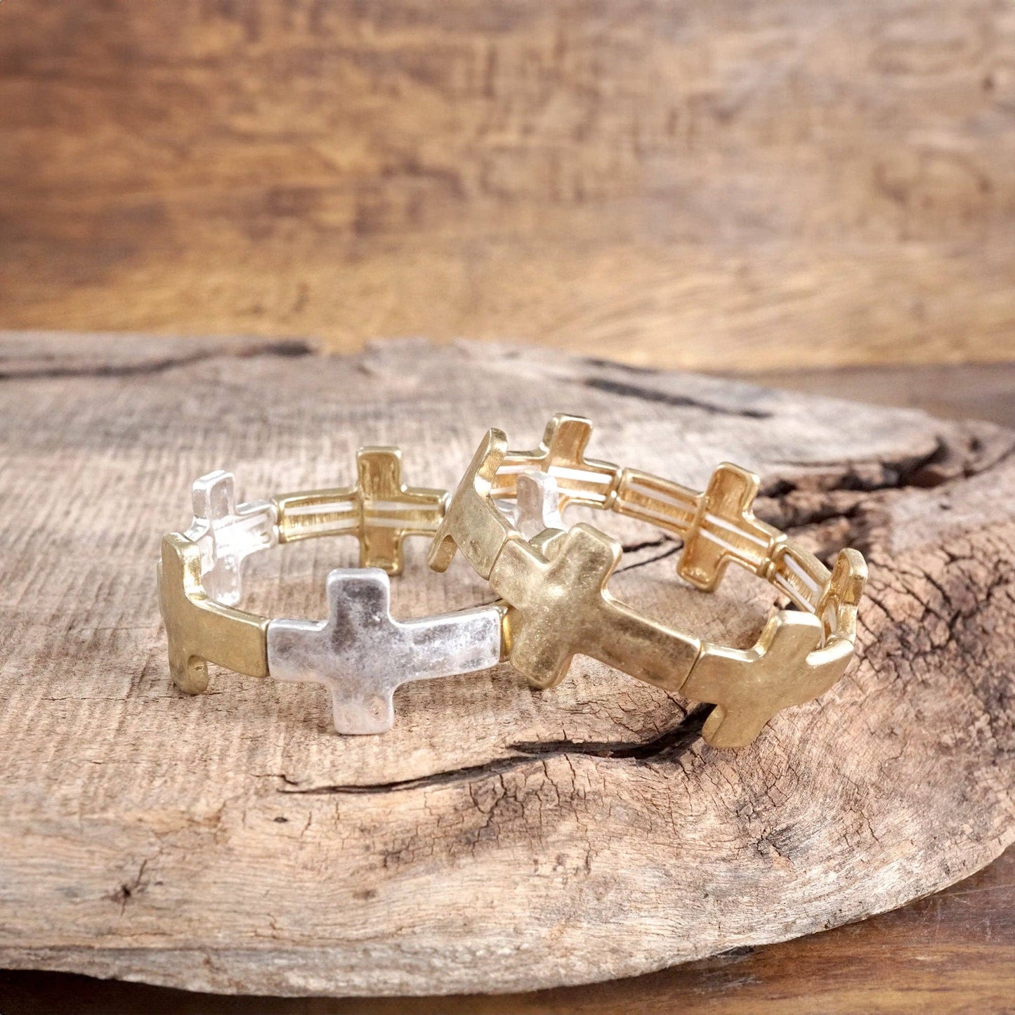 #402 Hammered Sideways Cross Bracelet in Worn Silver Gold Tone Boho Style