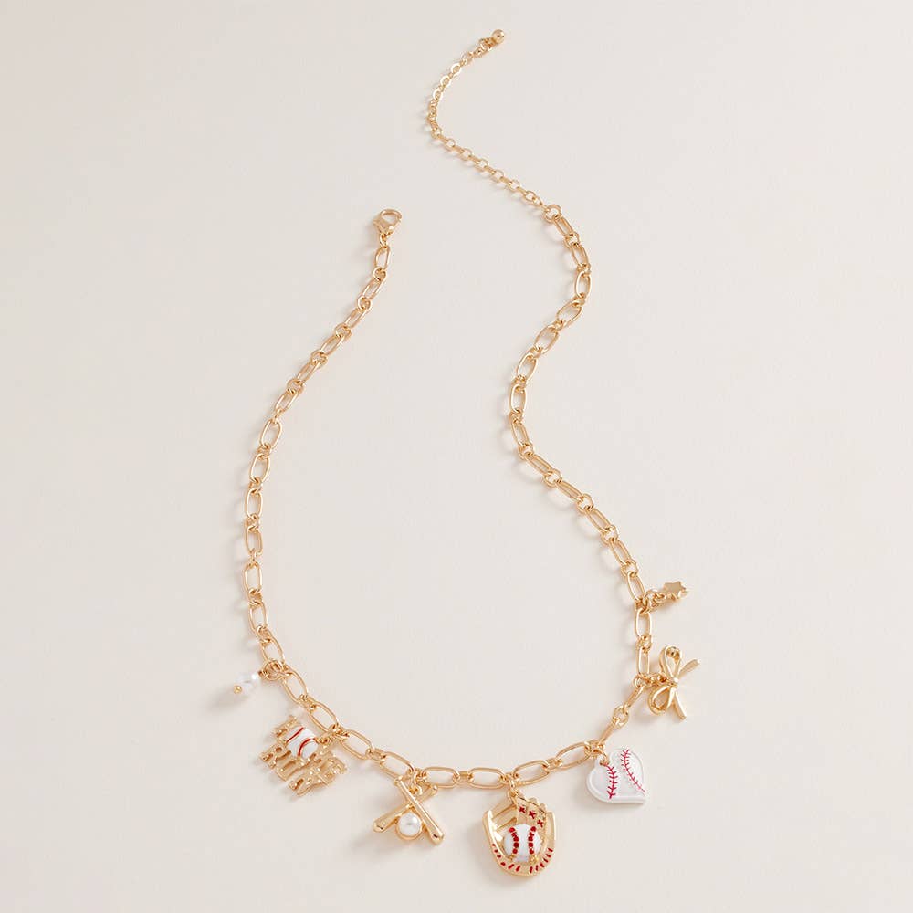 #473 Baseball Pearl Bow Charm Necklace