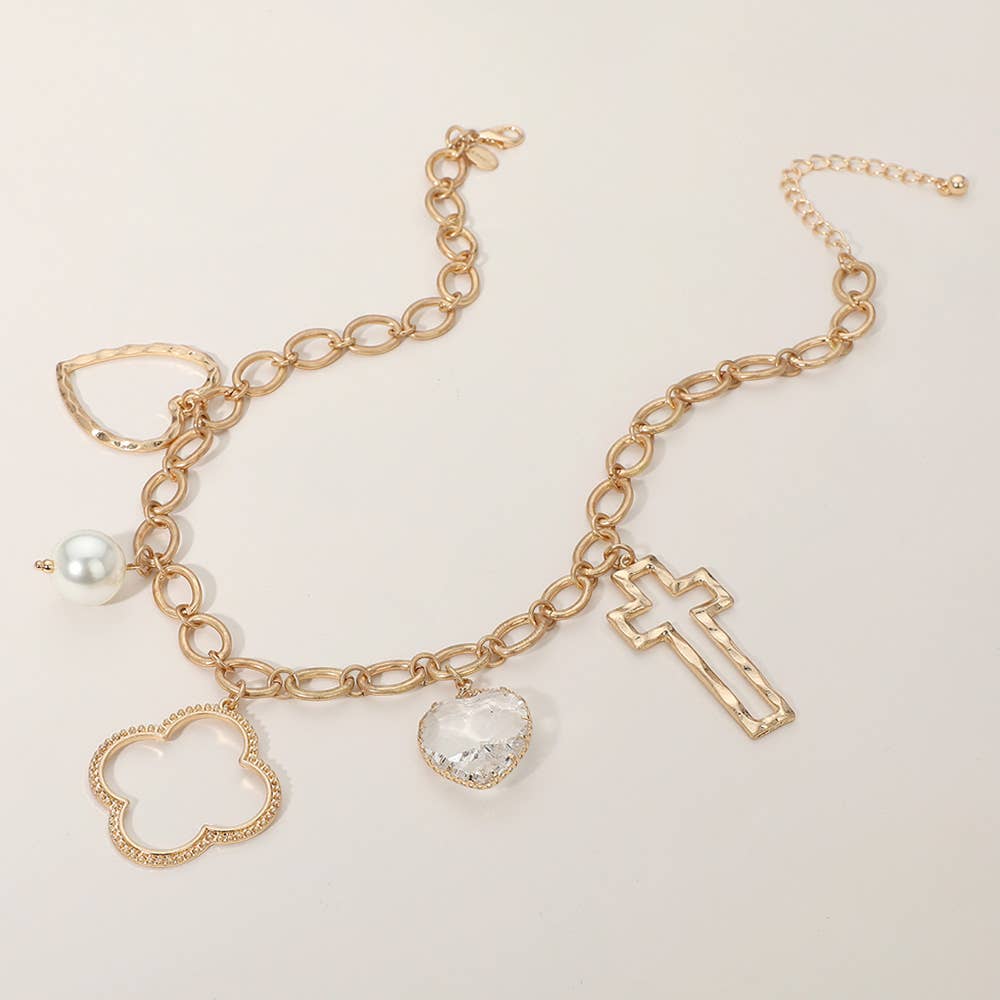 #467 Open Quatrefoil Heart Cross Pearl Charm Station Necklace