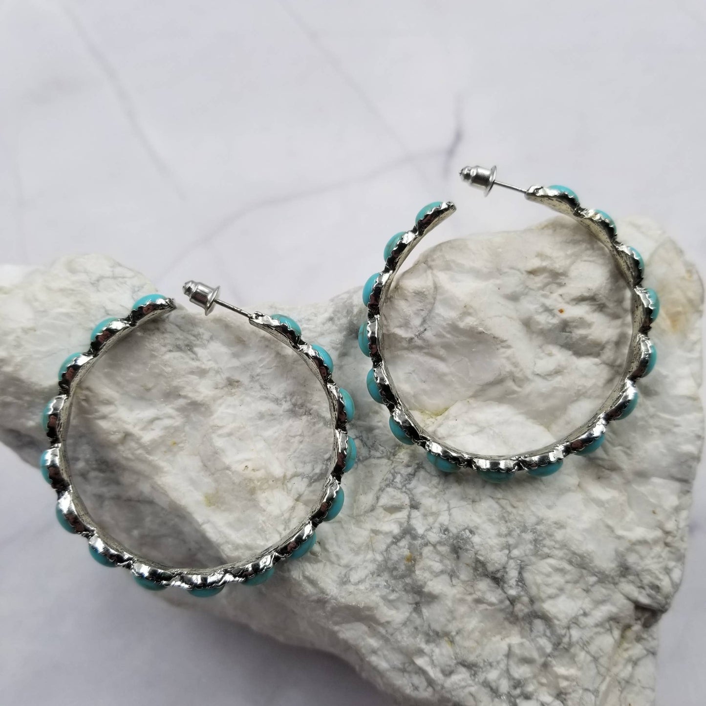 #502 Turquoise Stone Bead Hoop Earrings