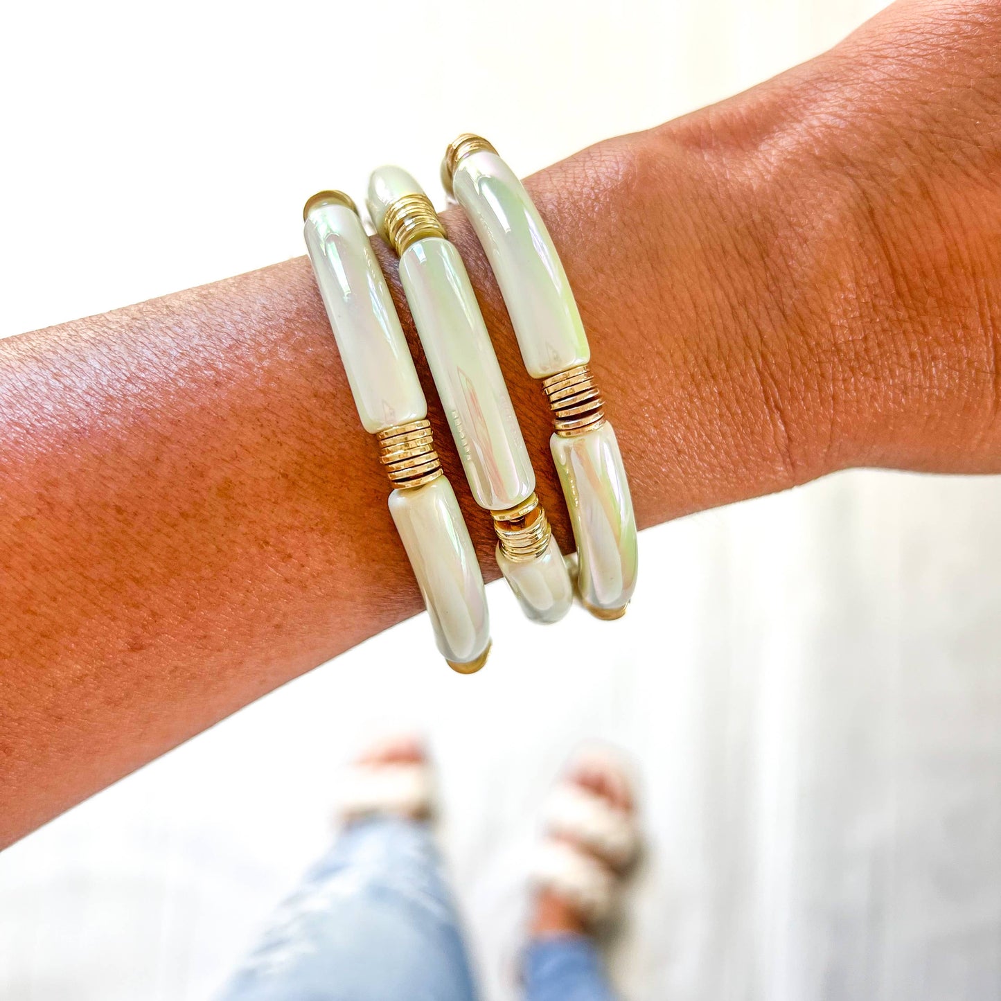 #586 Metallic #26 Ivory Acrylic Tube Bamboo Bracelet