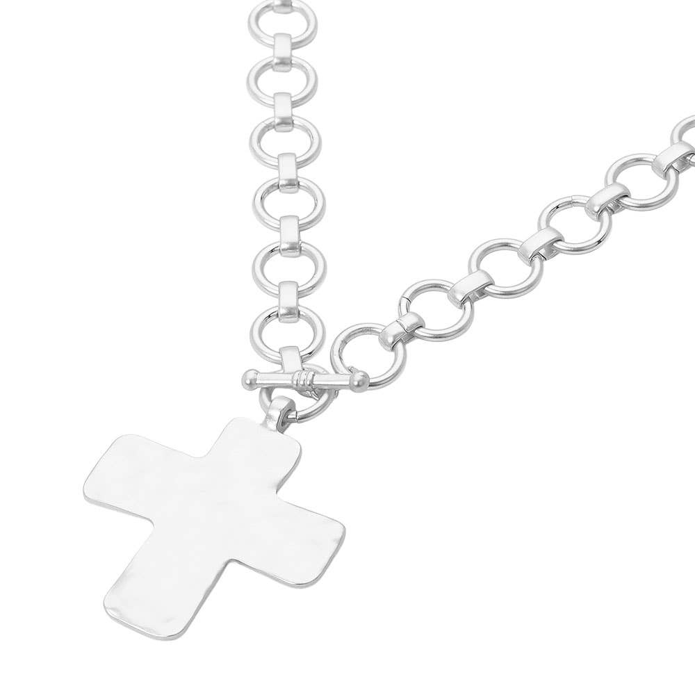 #465 Hammered Matte Metal Cross Pendant Chunky Chain Toggle Necklace
