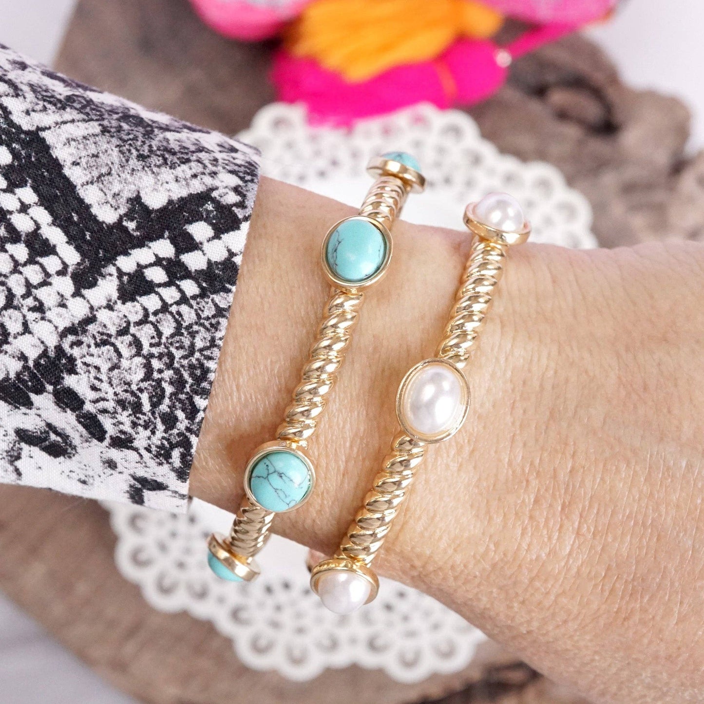 #405 Jeweled Golden Twisted Bangle with oval jewels - Pearl Turquoise