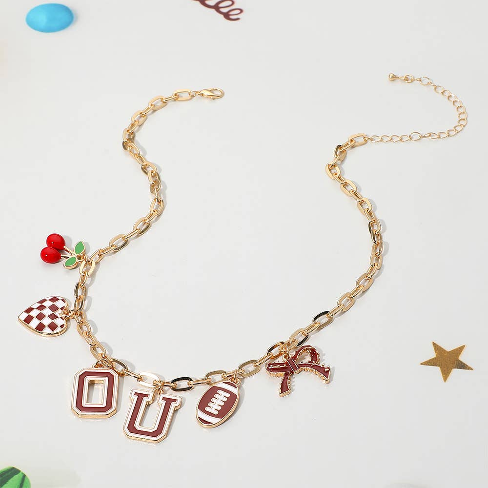 #469 Football Theme Bow Cherry Heart Charm Station Necklace
