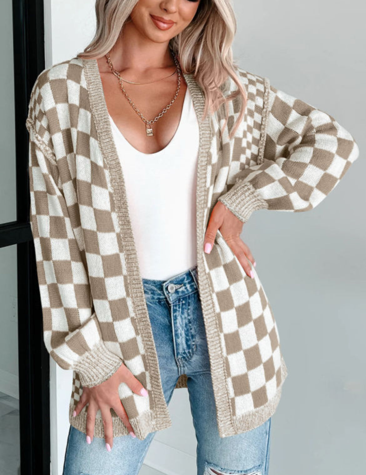 #480 Checkered Open Front Drop Shoulder Cardigan