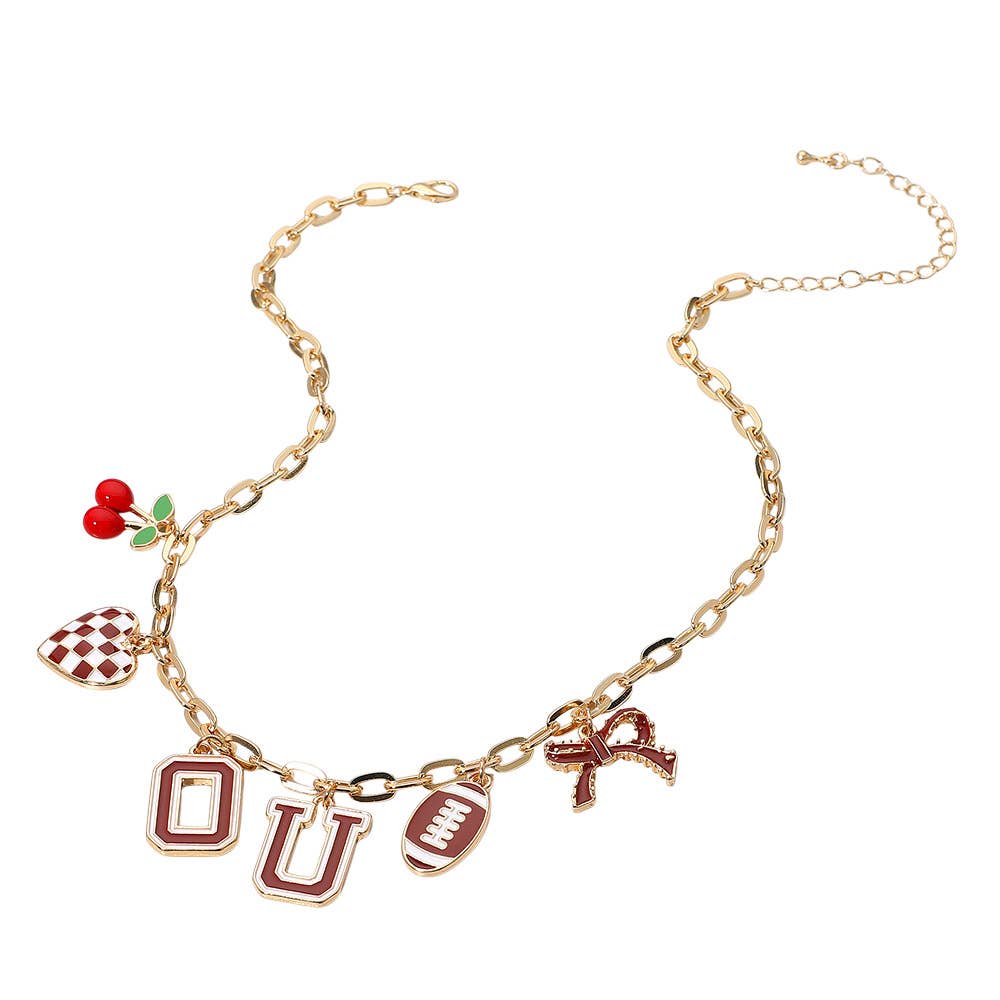 #469 Football Theme Bow Cherry Heart Charm Station Necklace