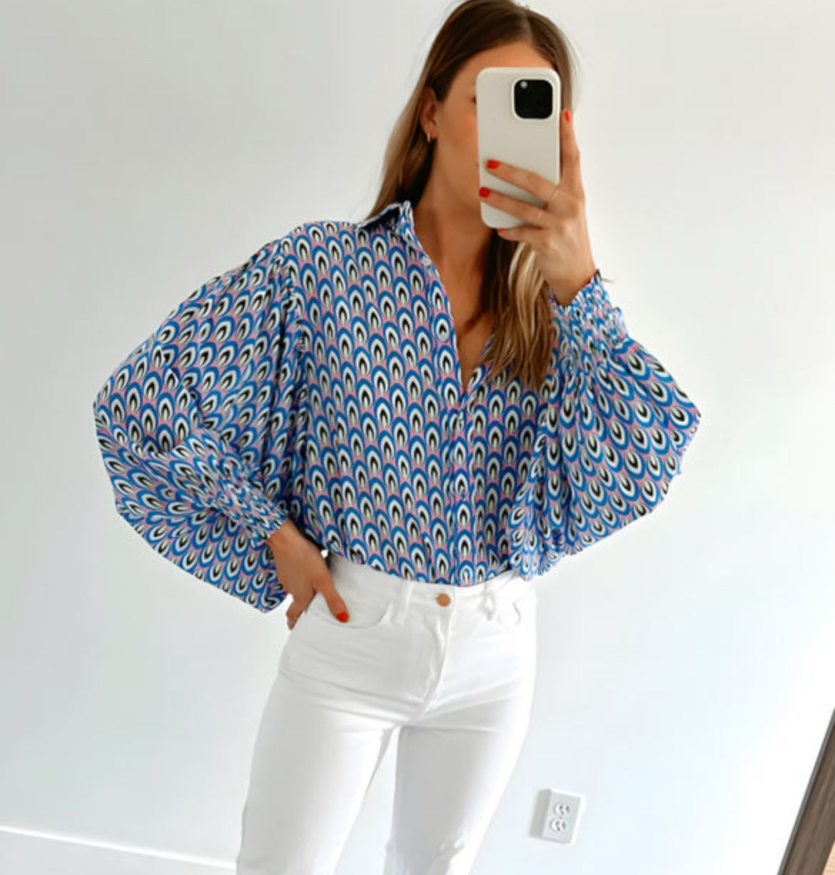 #596 Blue Abstract Shirred Cuff Buttoned Oversized Shirt