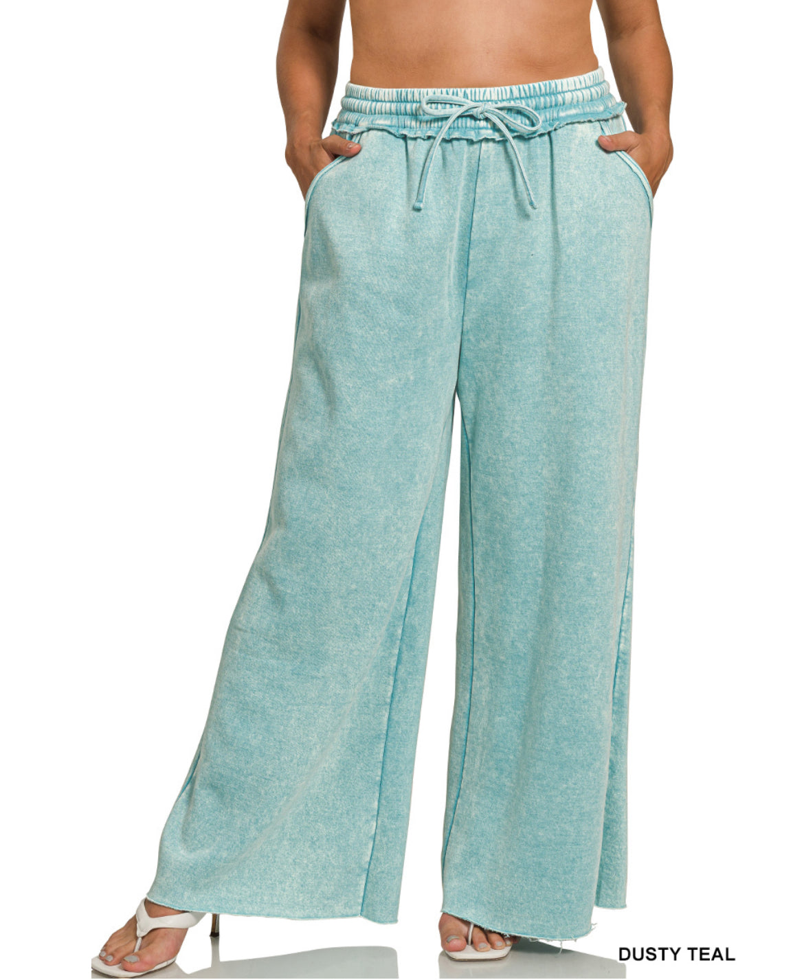 #646 ACID WASH FLEECE PALAZZO SWEATPANTS WITH POCKETS