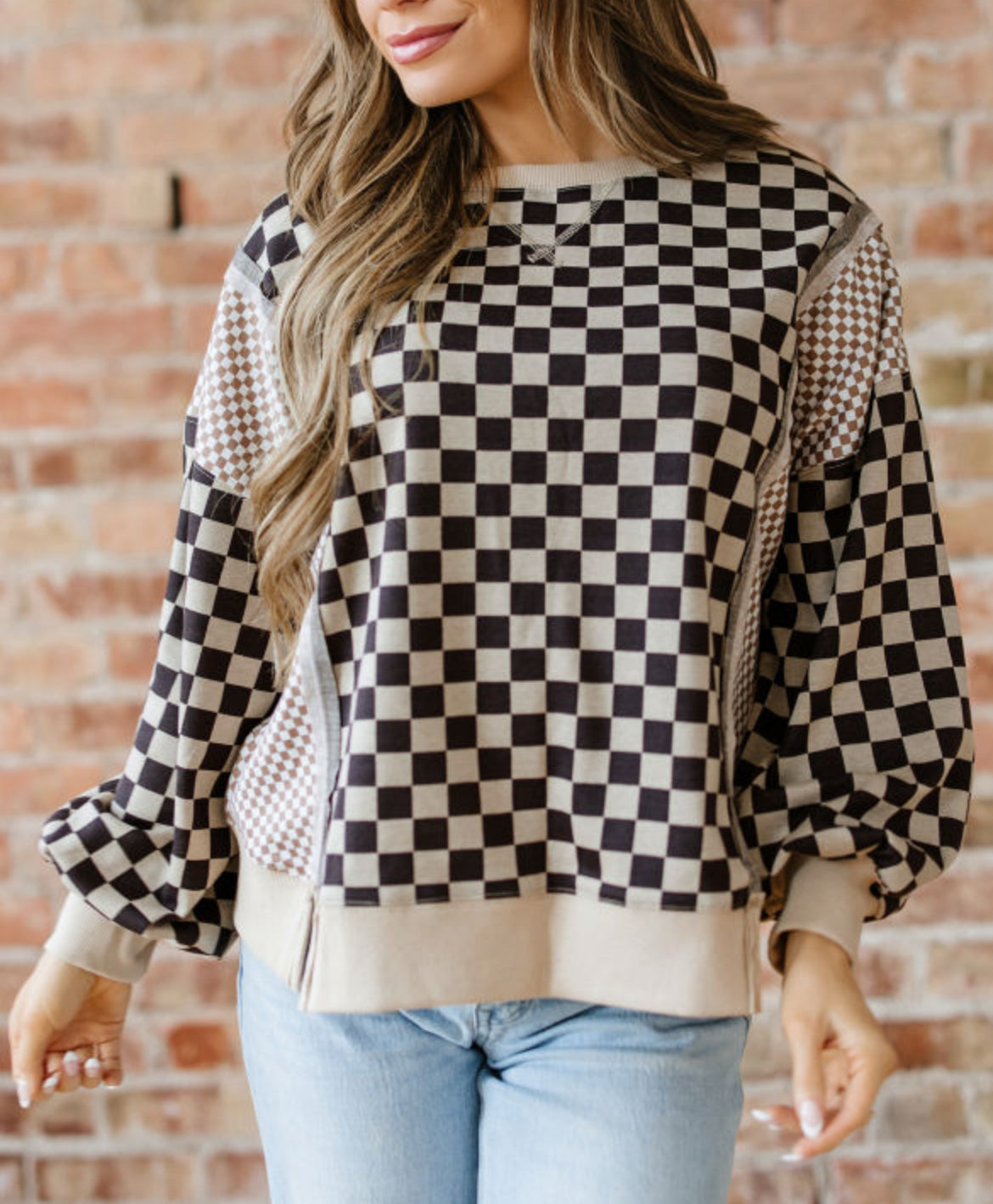 #706 Mixed Checkered High Low Casual Top
