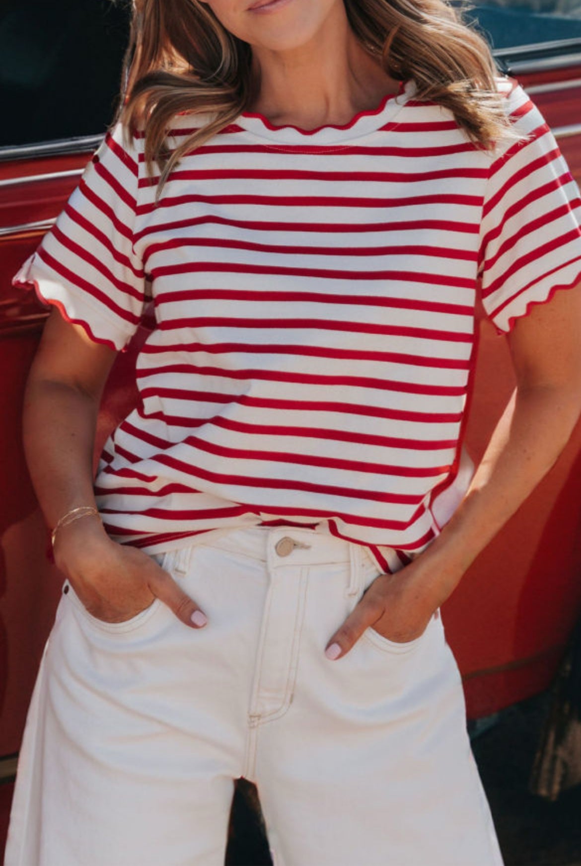 #713 Red Stripe Scalloped Trim Round Neck T Shirt