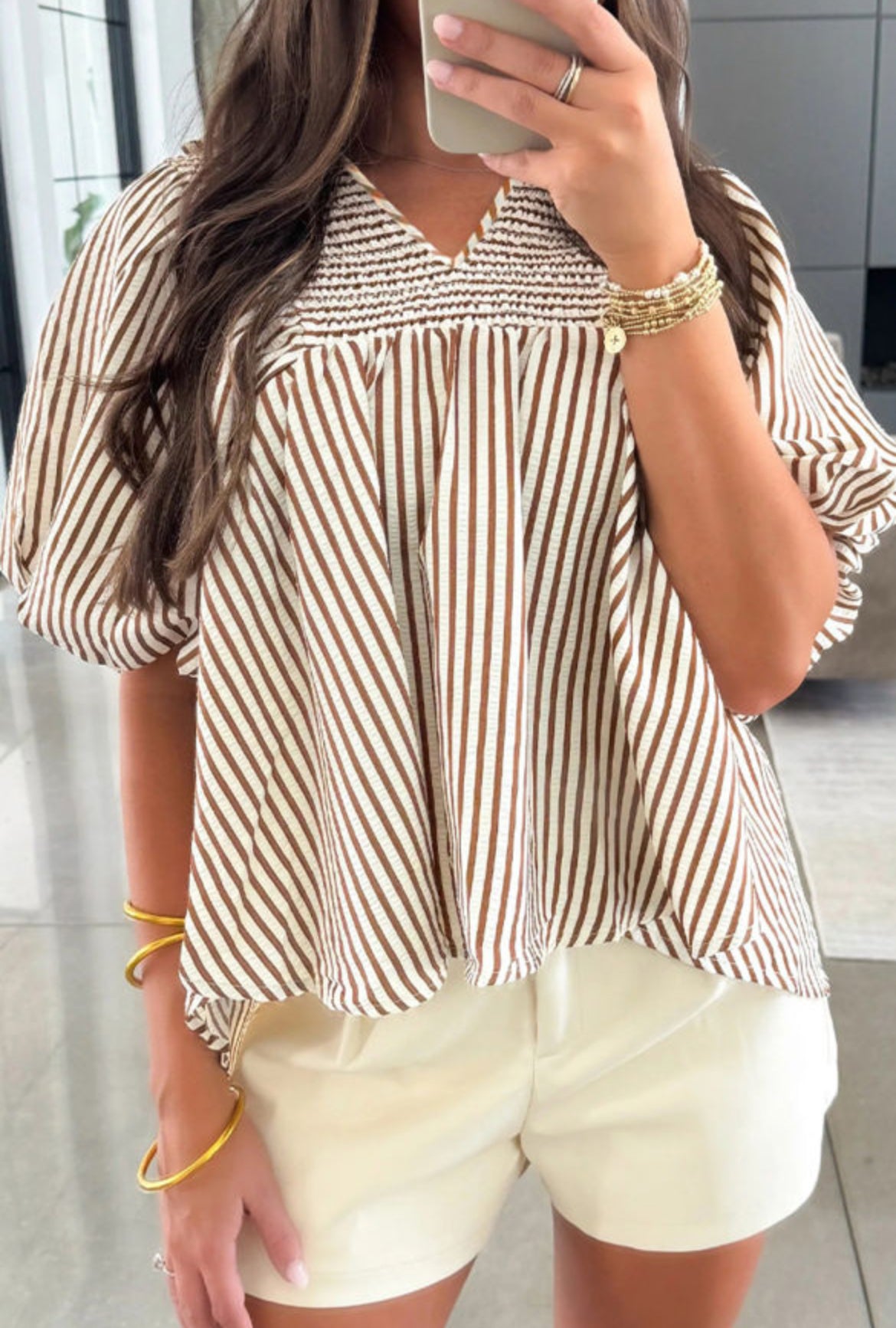 #736 Brown Stripe Neck Puff Sleeve Blouse