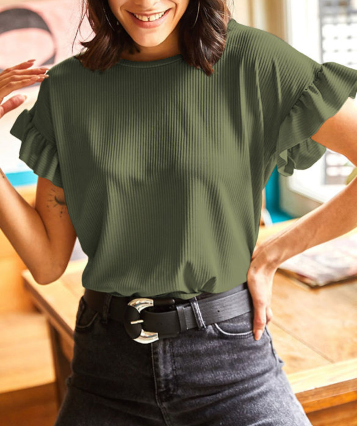 #749 Solid Color Ribbed Ruffled Short Sleeve T Shirt