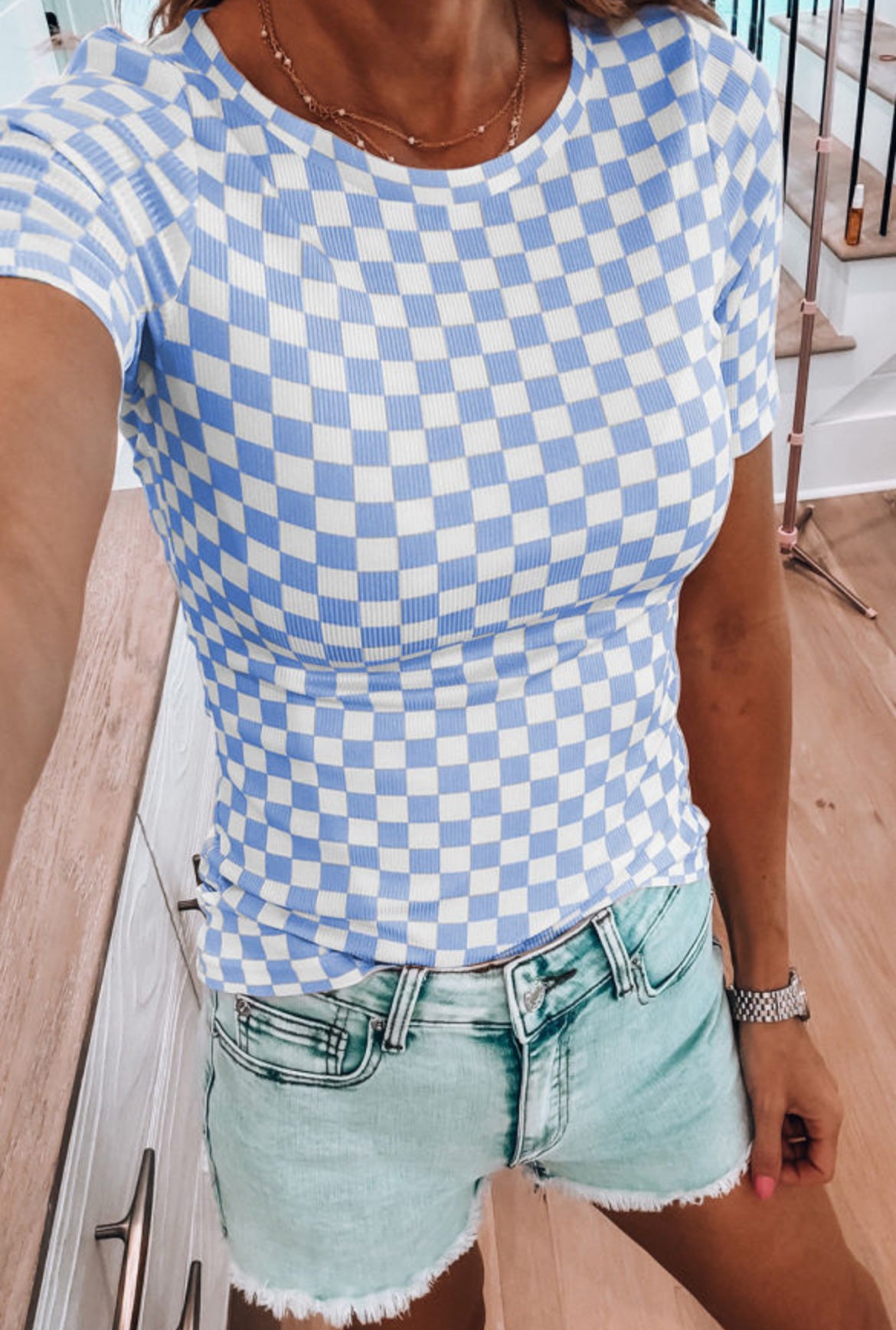 #750 Sky Blue Checkered Ribbed Slim Fit Crew Neck T Shirt