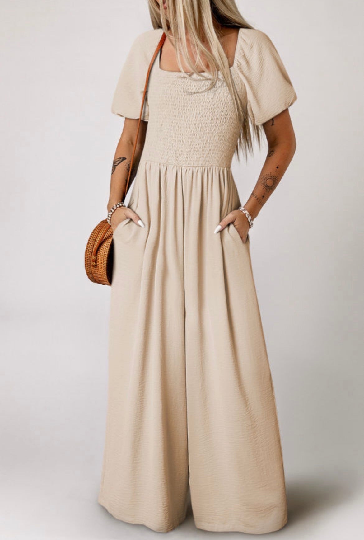 #831 Short Bubble Sleeve Smocked Wide Leg Jumpsuit