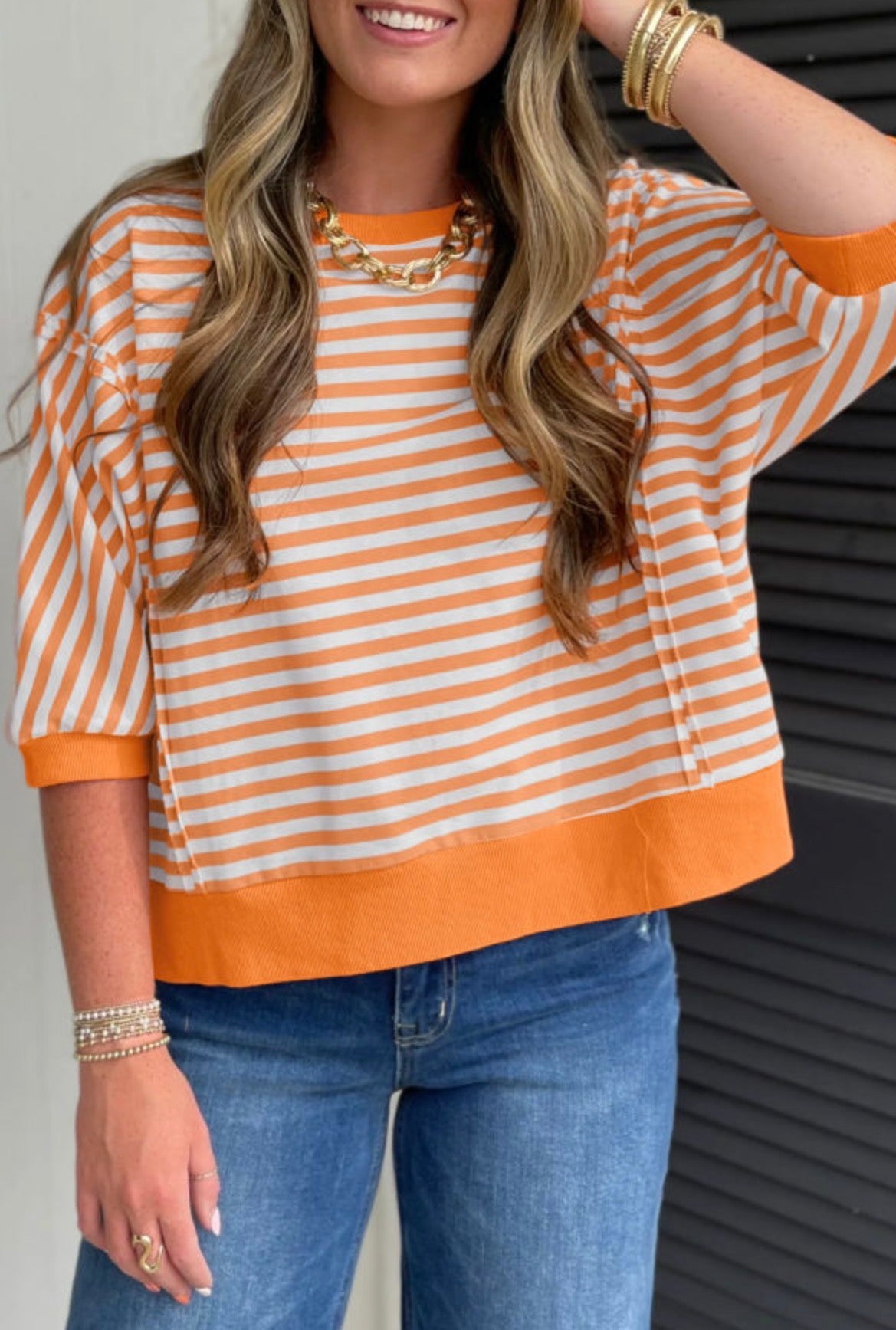 #843 Orange Stripe 3/4 Sleeve Top