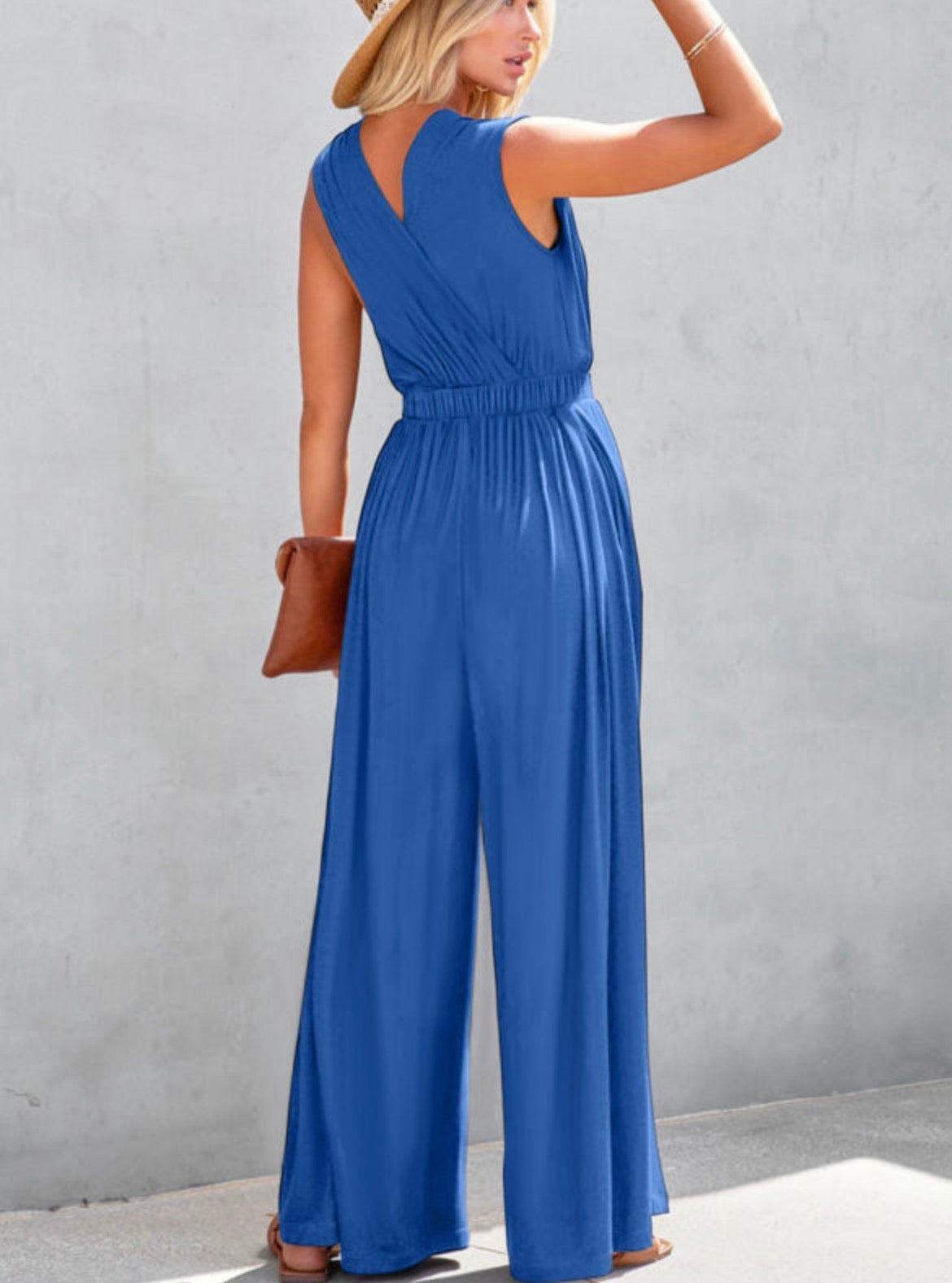 #880 V-Neck Pleated Crisscross Jumpsuit