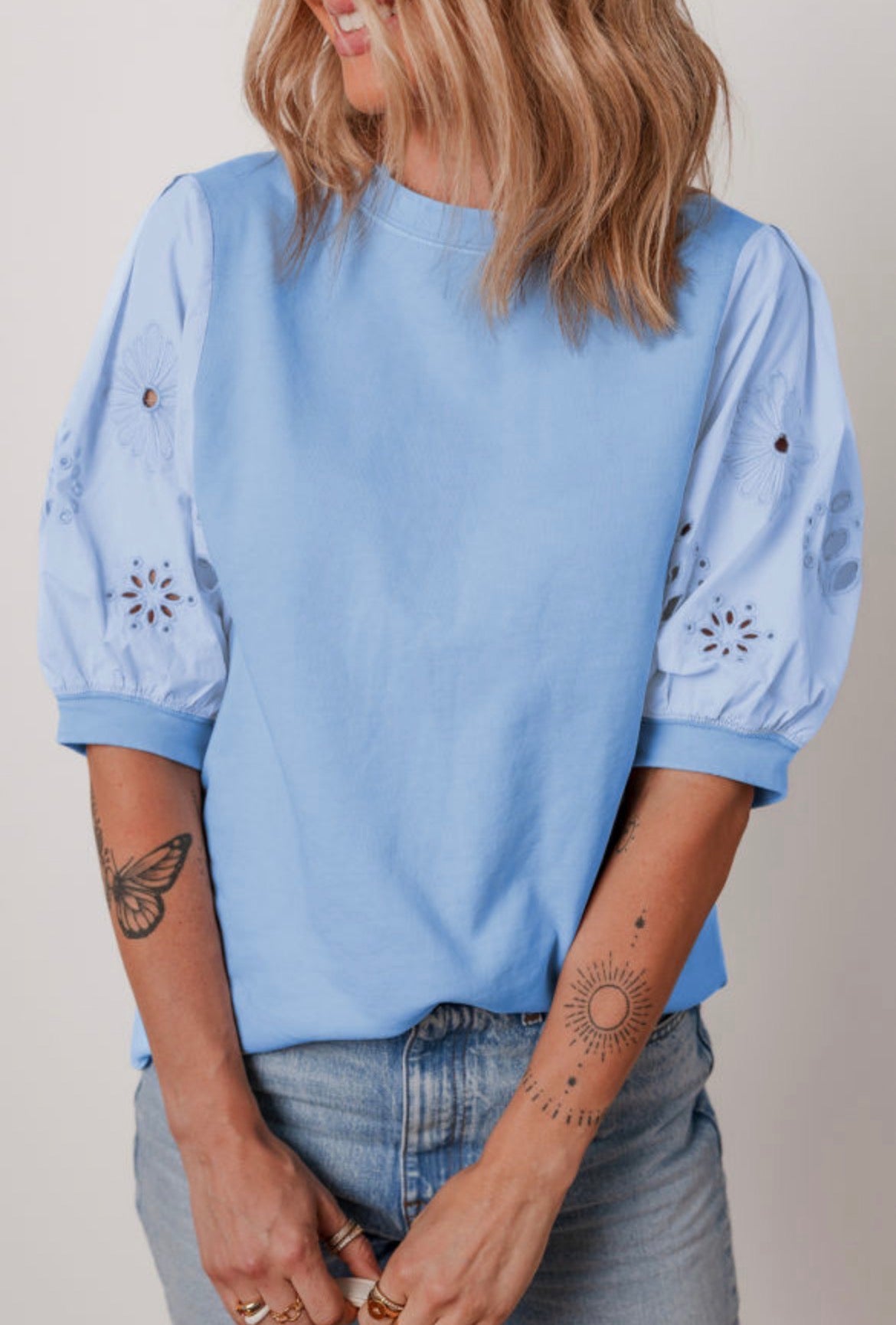 #881 Blue Eyelet Flower Embroidered Blouse