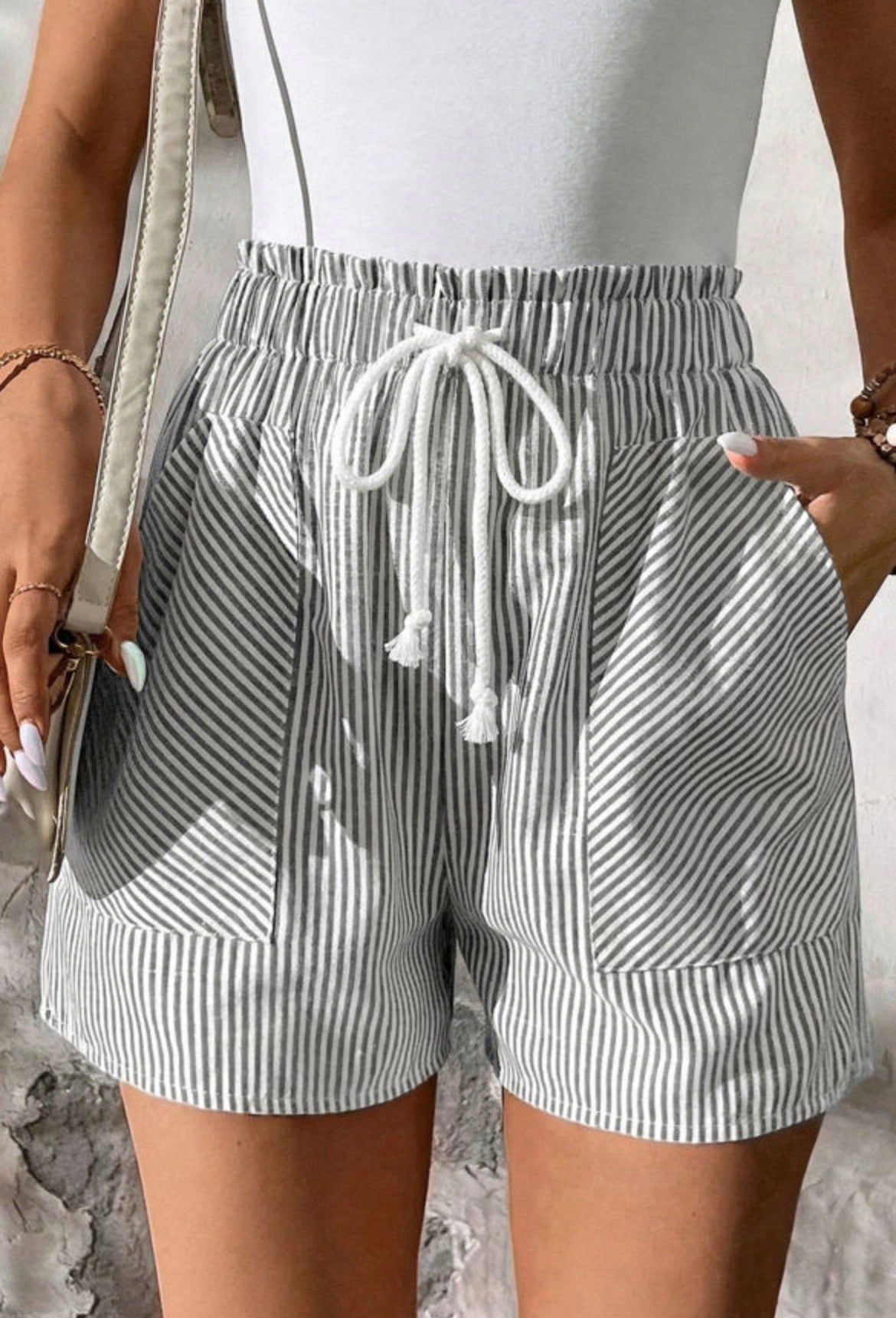 #901 Gray Stripe Lace-up Elastic Waist Casual Pocketed Shorts
