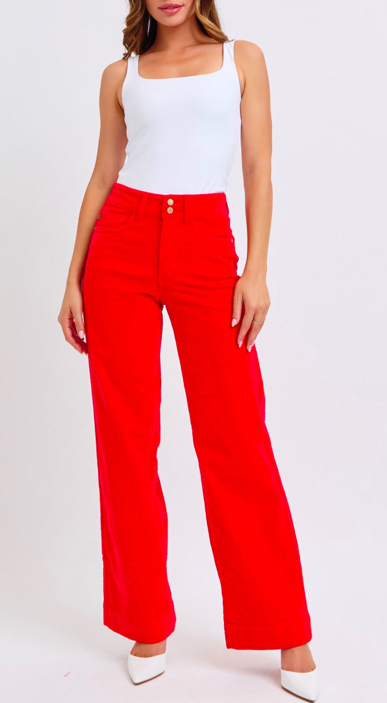 #501 Judy Blue Red Corduroy Wide Leg Trousers