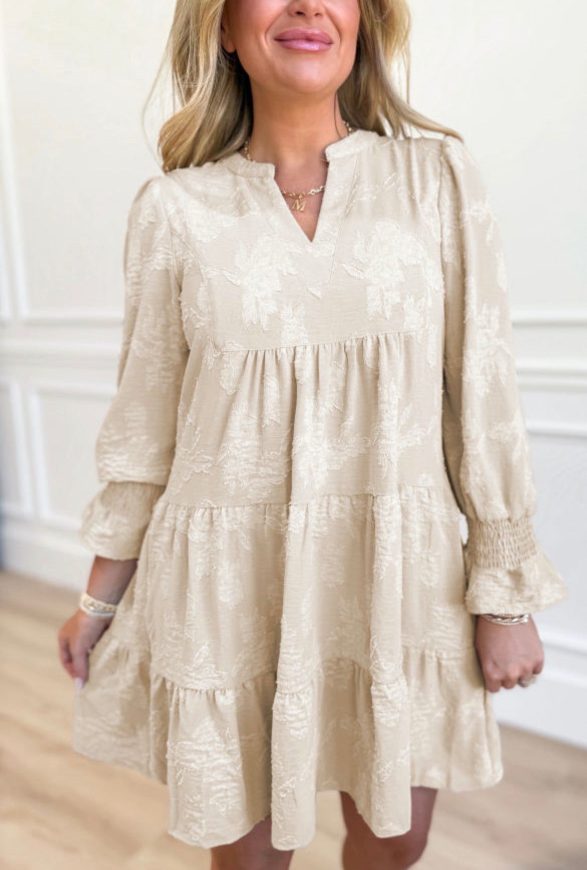 #926 Parchment Long Sleeve Notched Neck Mini Dress
