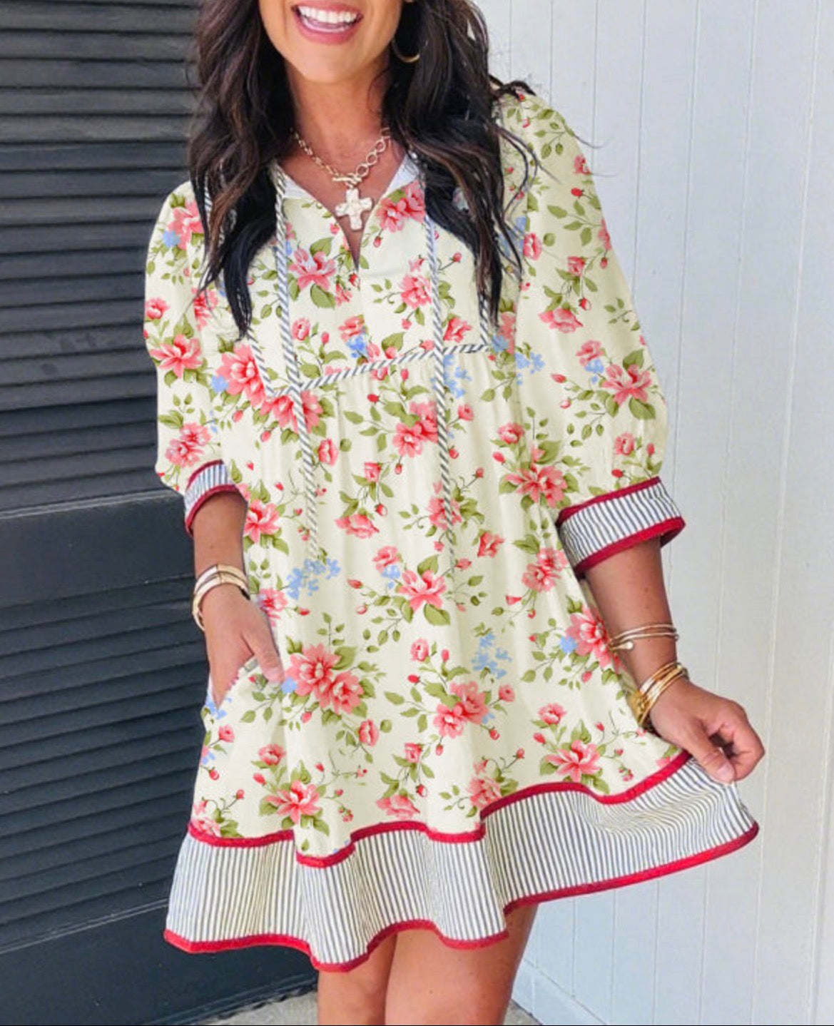 #923 3/4 Puff Sleeve Floral Dress