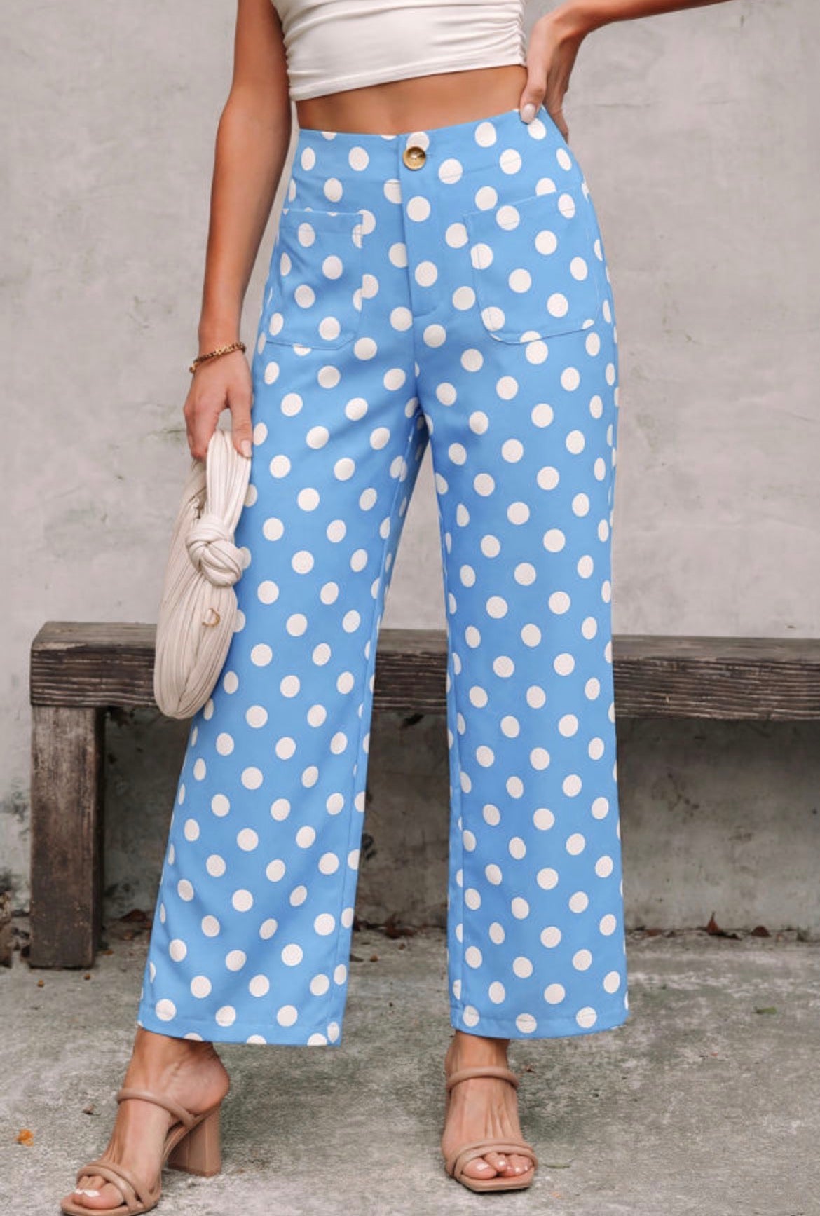 #933 Blue Polka Dot Mid-rise Straight Leg Pants