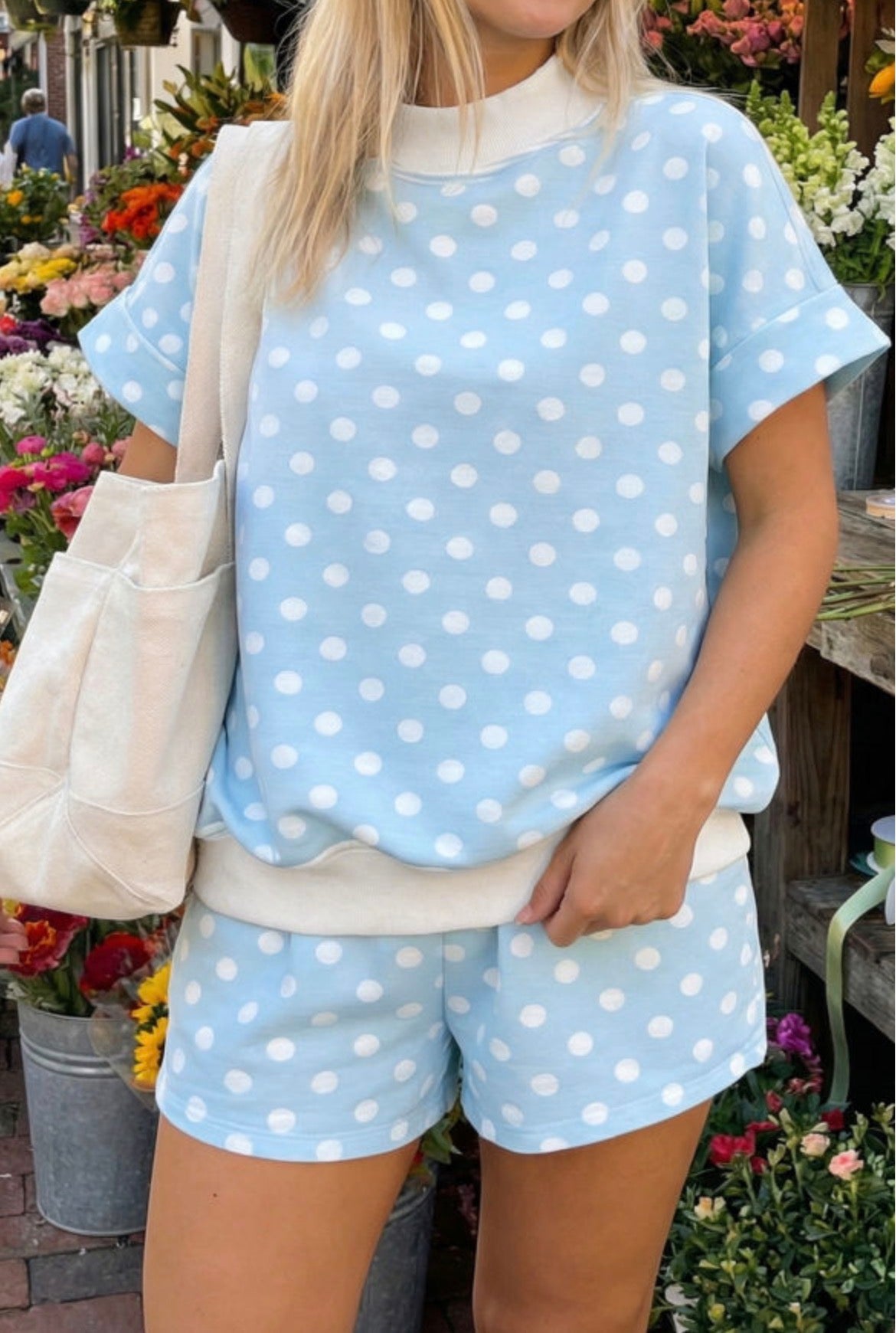 #985 Mock Neck Polka Dot Shorts Set