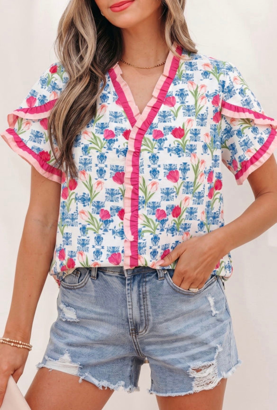 #990 Rose Floral Ruffle V-Neck Short Sleeve Shirt