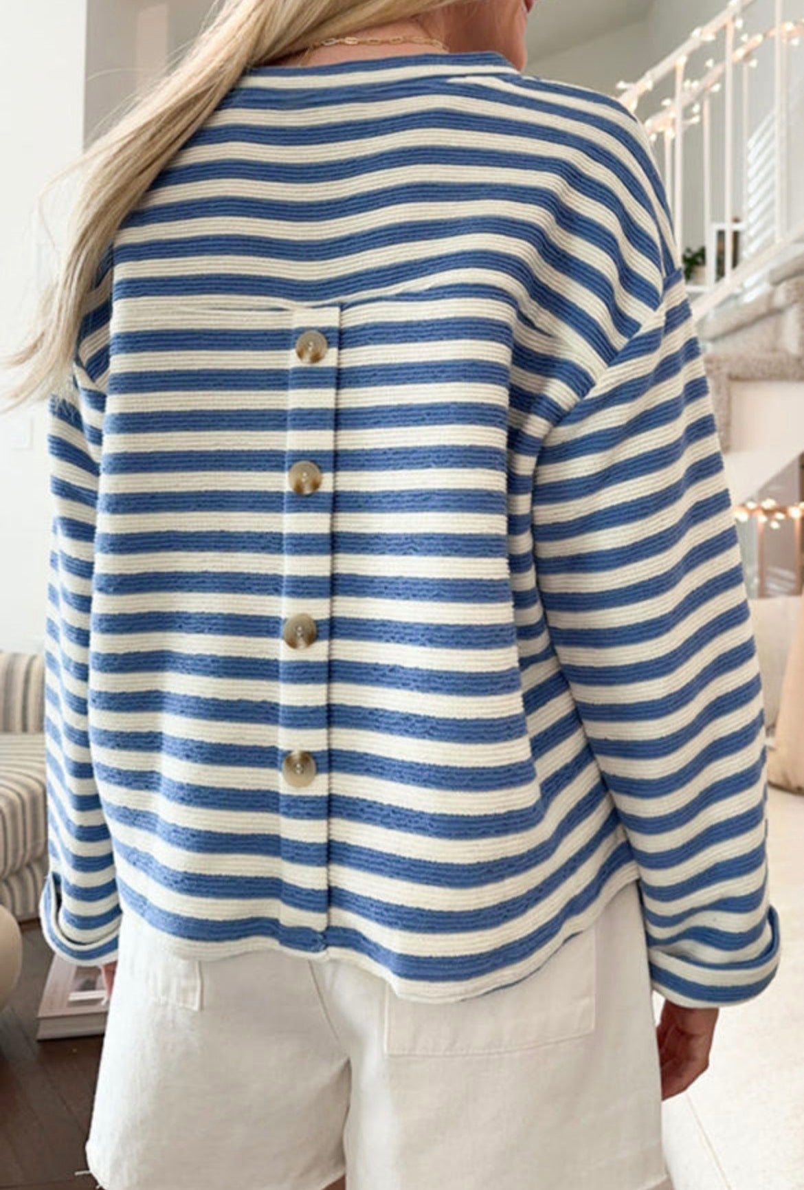 #1039 Sky Blue Stripe Chest Pocket Buttoned Back Notched V Neck Top