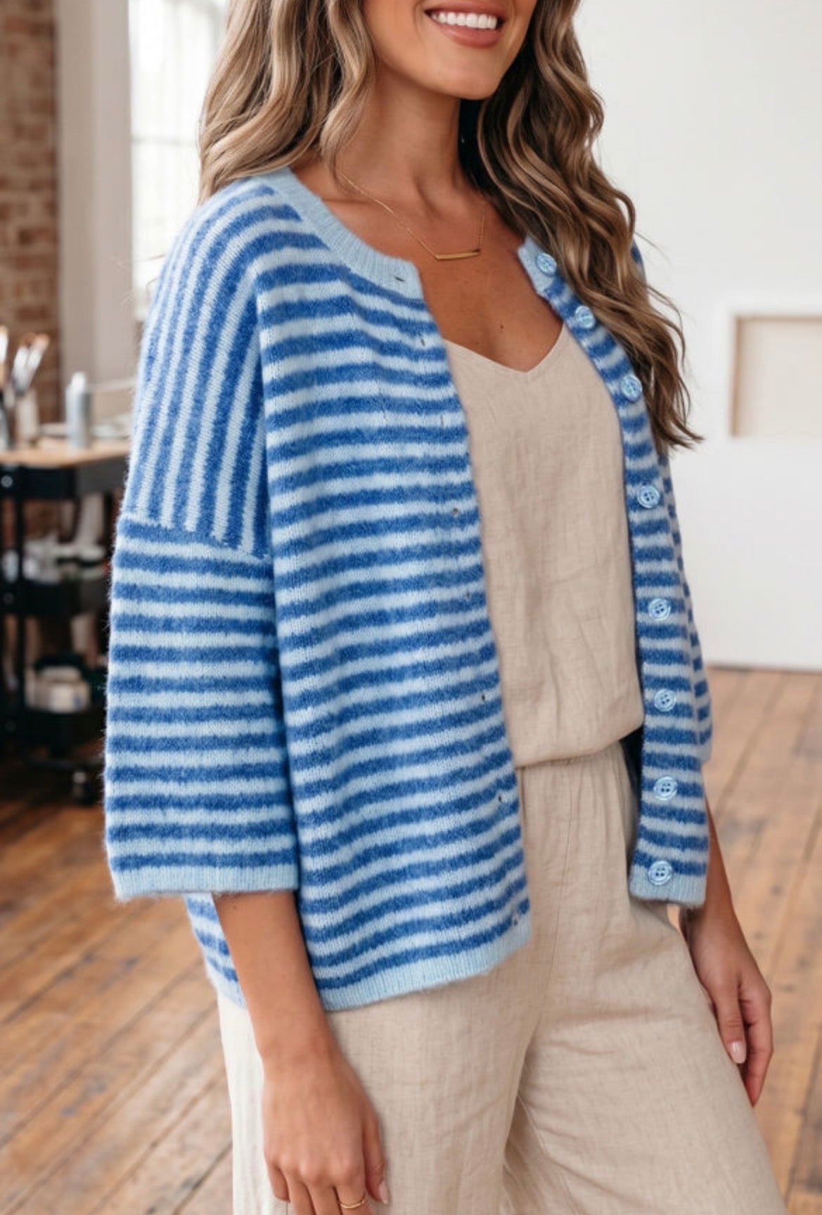 #1042 Blue Stripe Loose Half Sleeve Button Down Cardigan