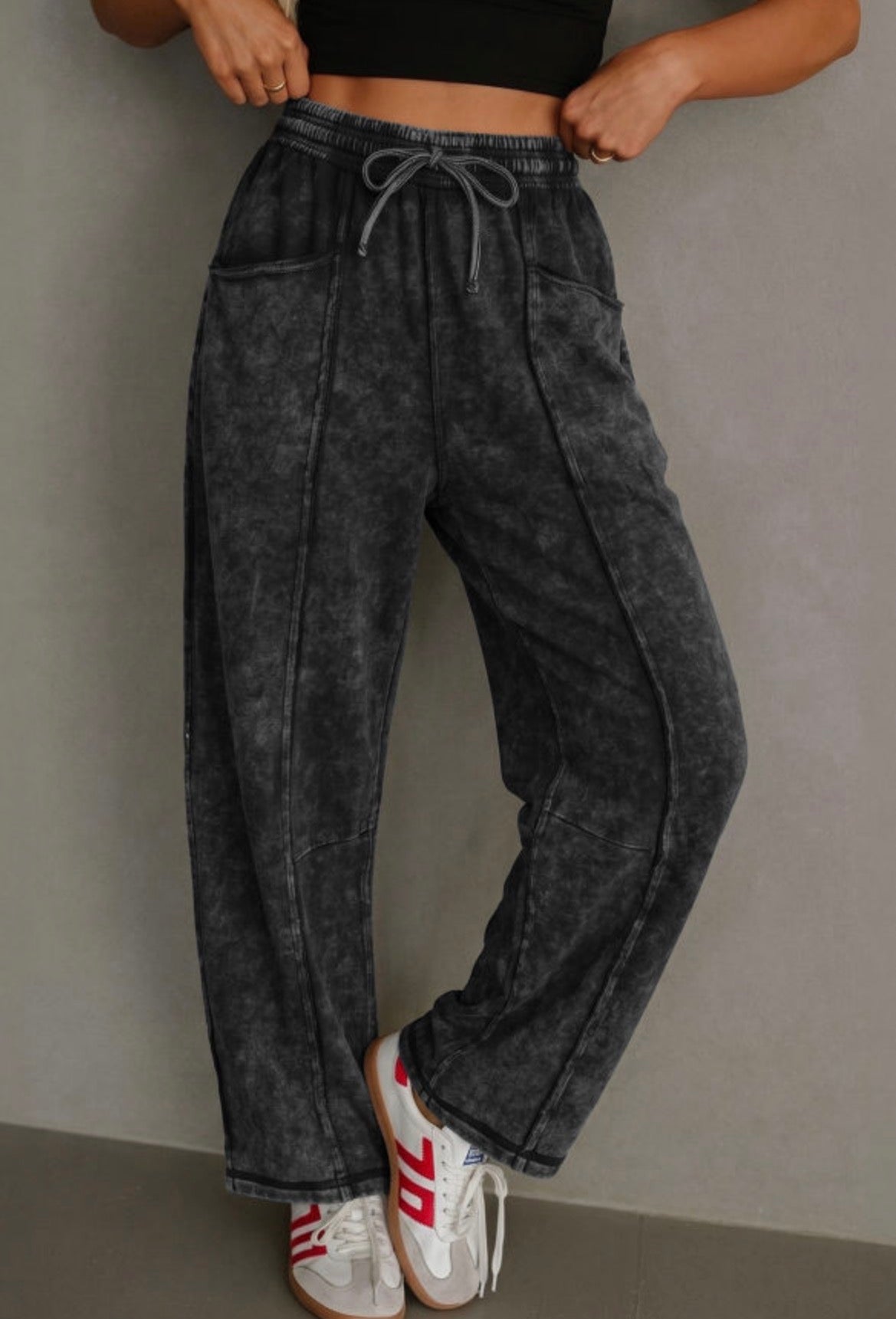 #1018 Black Mineral Wash Raw Seam Drawstring Elastic Waist Barrel Pants