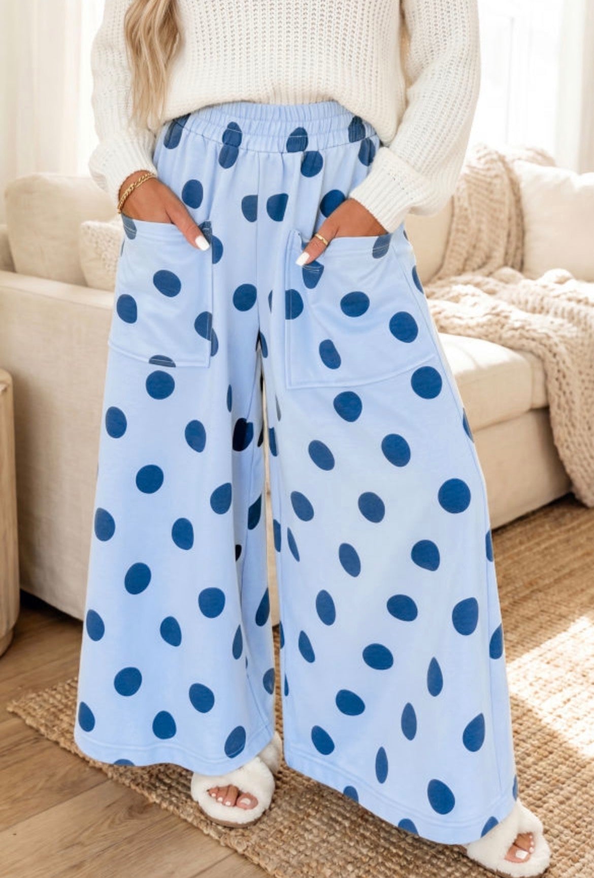 #1022 Polka Dot Wide Leg Elastic Waist Casual Pants