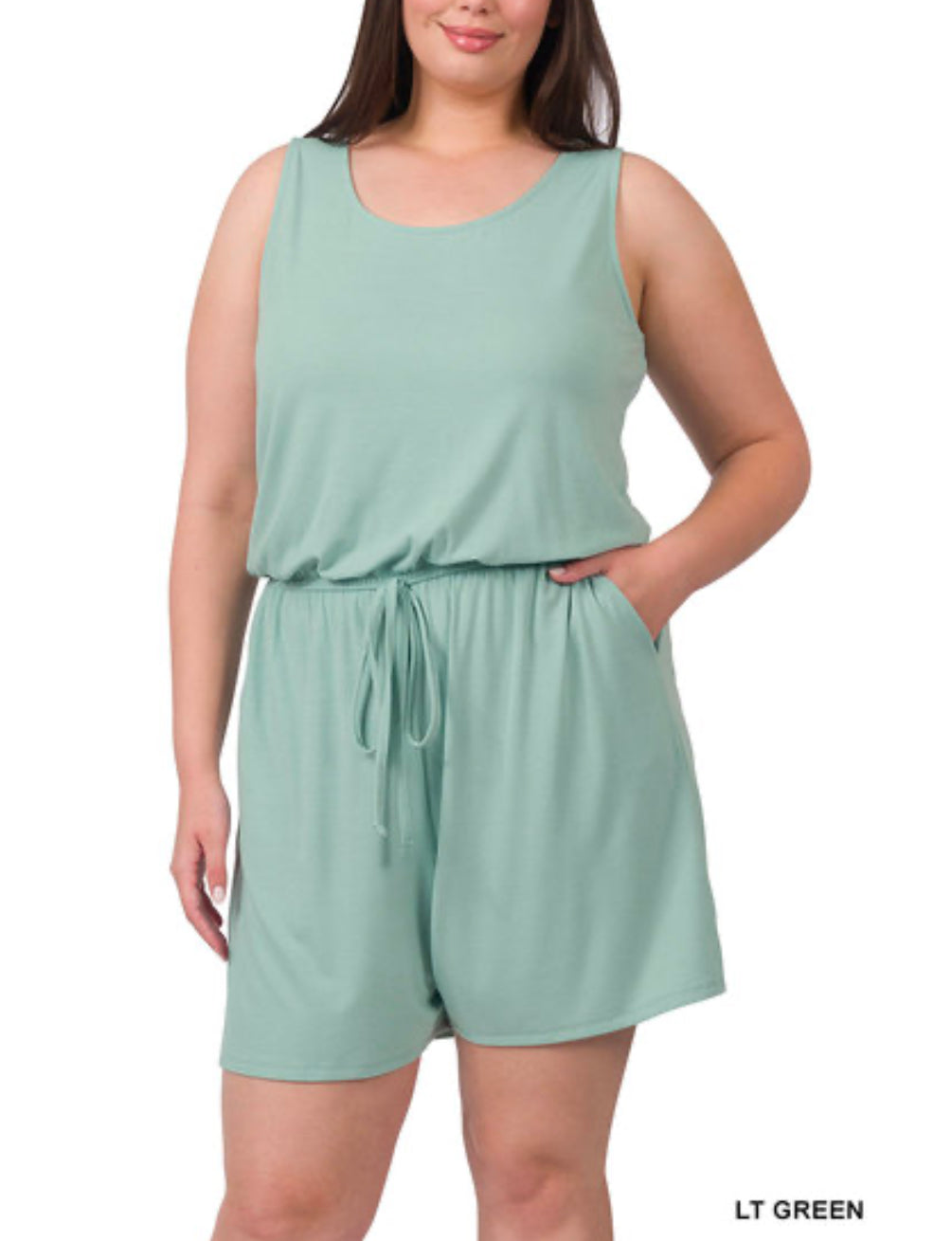 #331 Plus Size Sleeveless Romper With Pocket and Drawstring