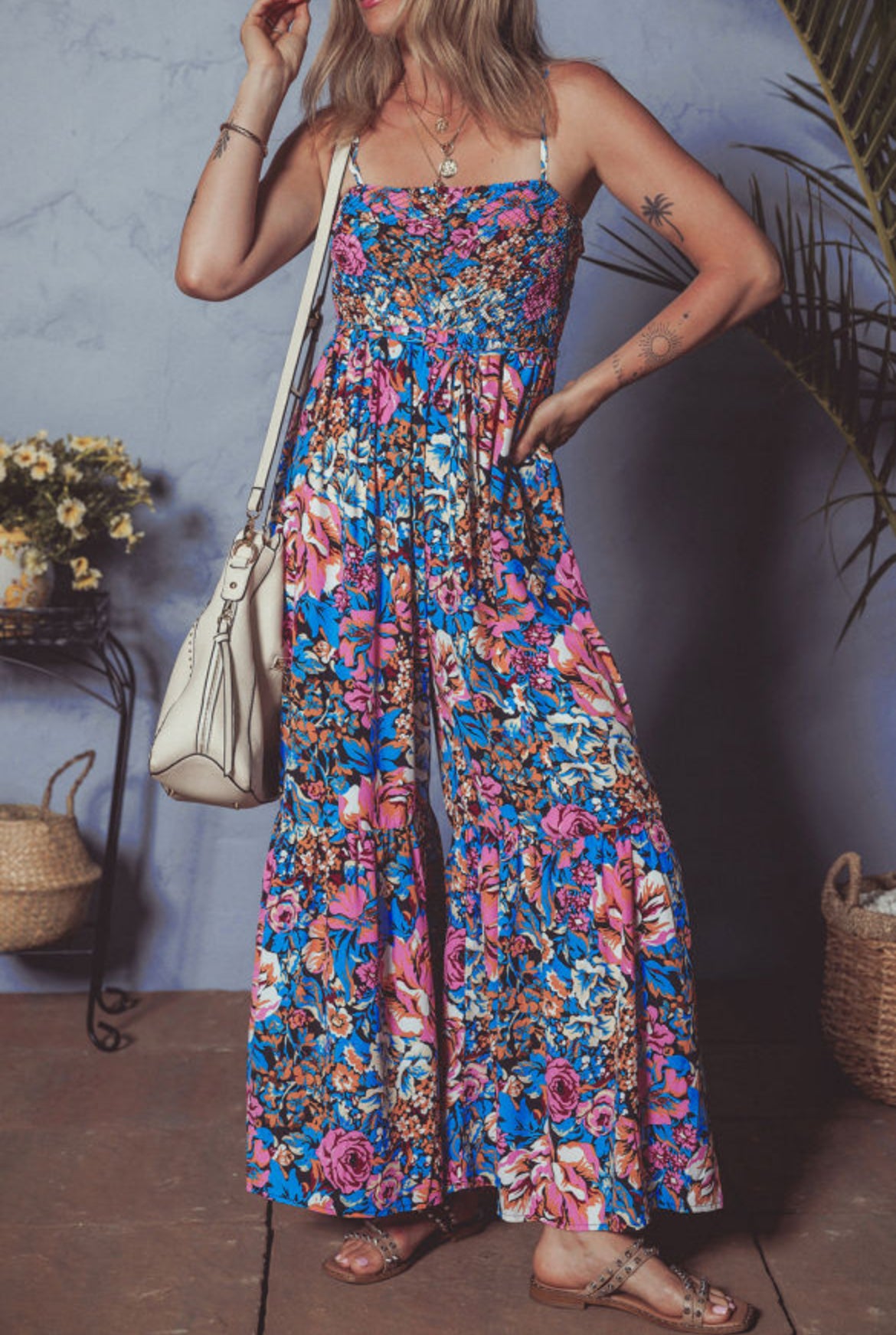 #347 Pink Floral Smocked Bust Spaghetti Straps Wide Leg Jumpsuit