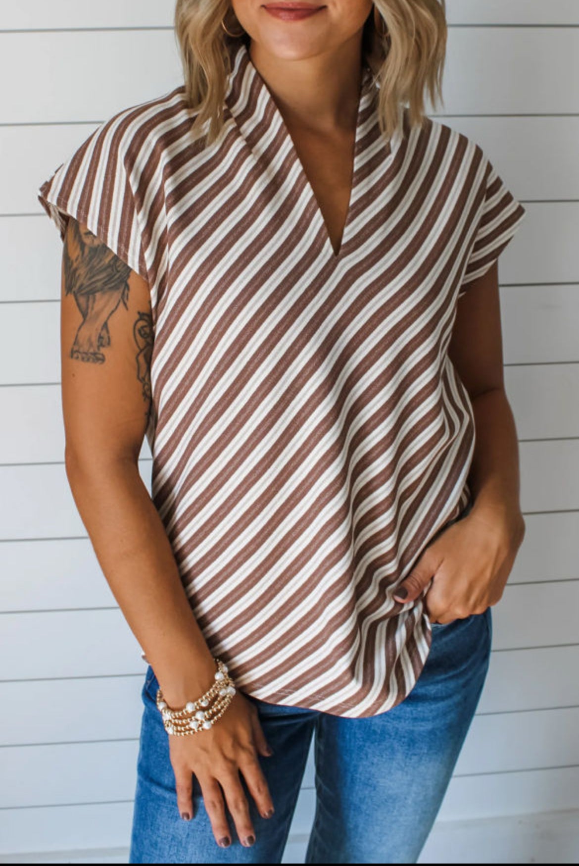 #353 Chestnut Striped Stand V Neck Short Sleeve Blouse