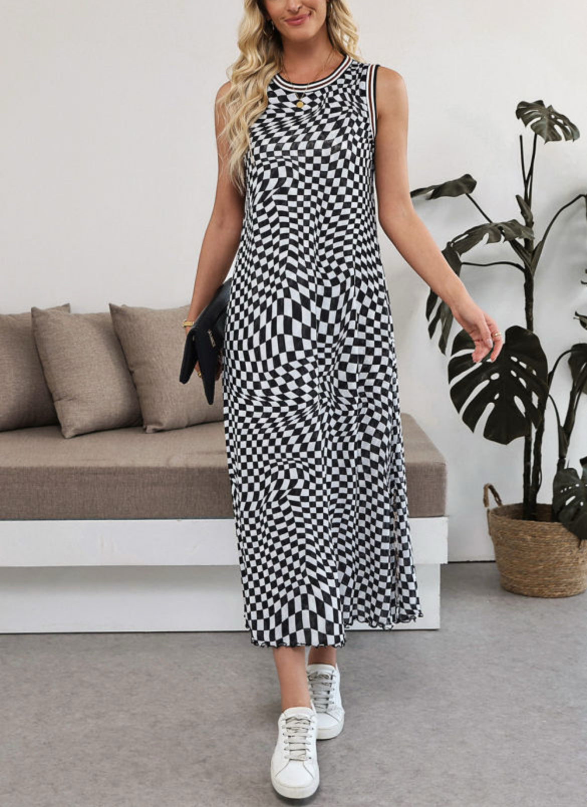 #365 Multicolour Leopard Checkered Double Printed Reversible Sleeveless Long Dress