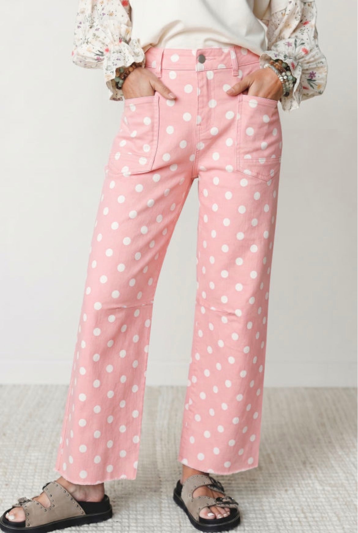 #1074 Pink Polka Dot Casual Slim Fit Jeans