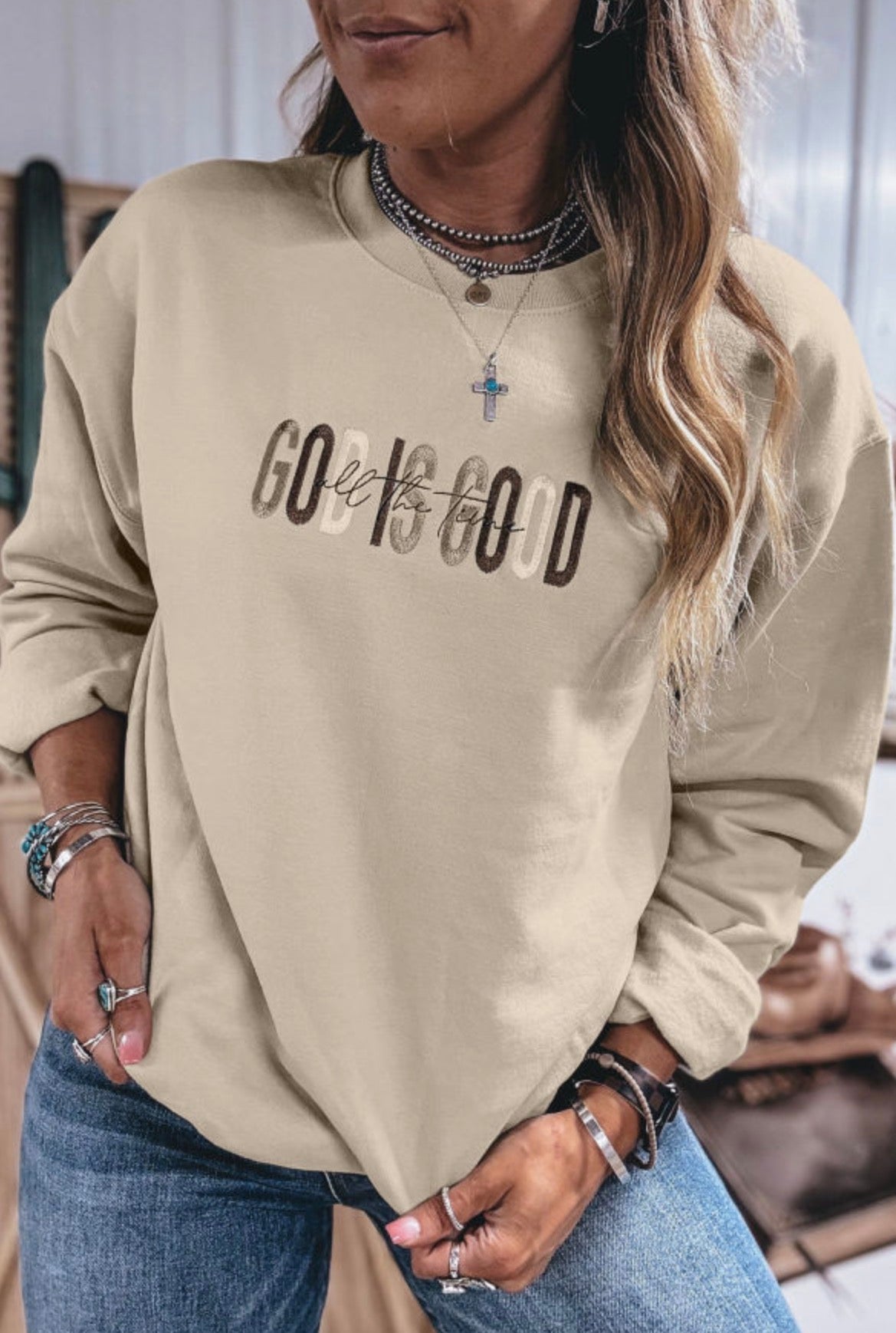 #1078 GOD IS GOOD Embroidered Crewneck Sweatshirt