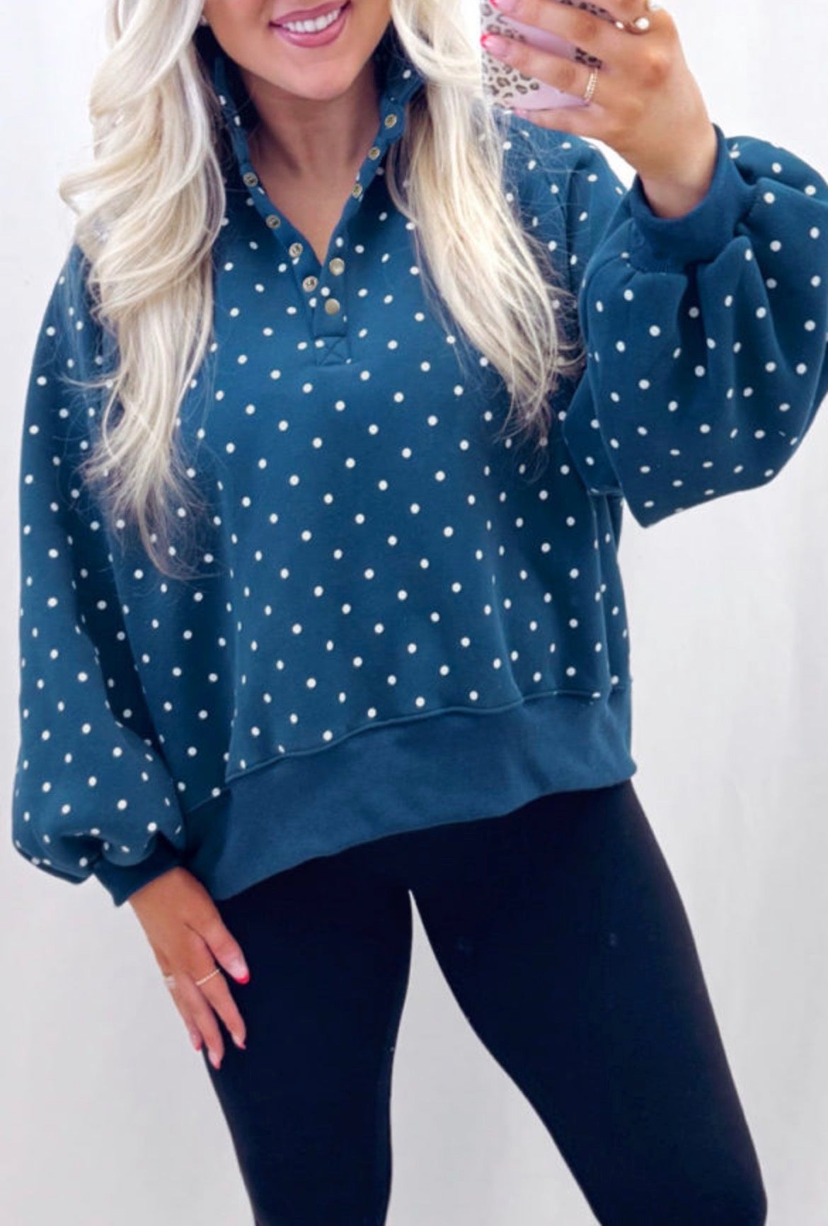 #1080 Polka Dot Print Metal Button Collar Casual Pullover Sweatshirt