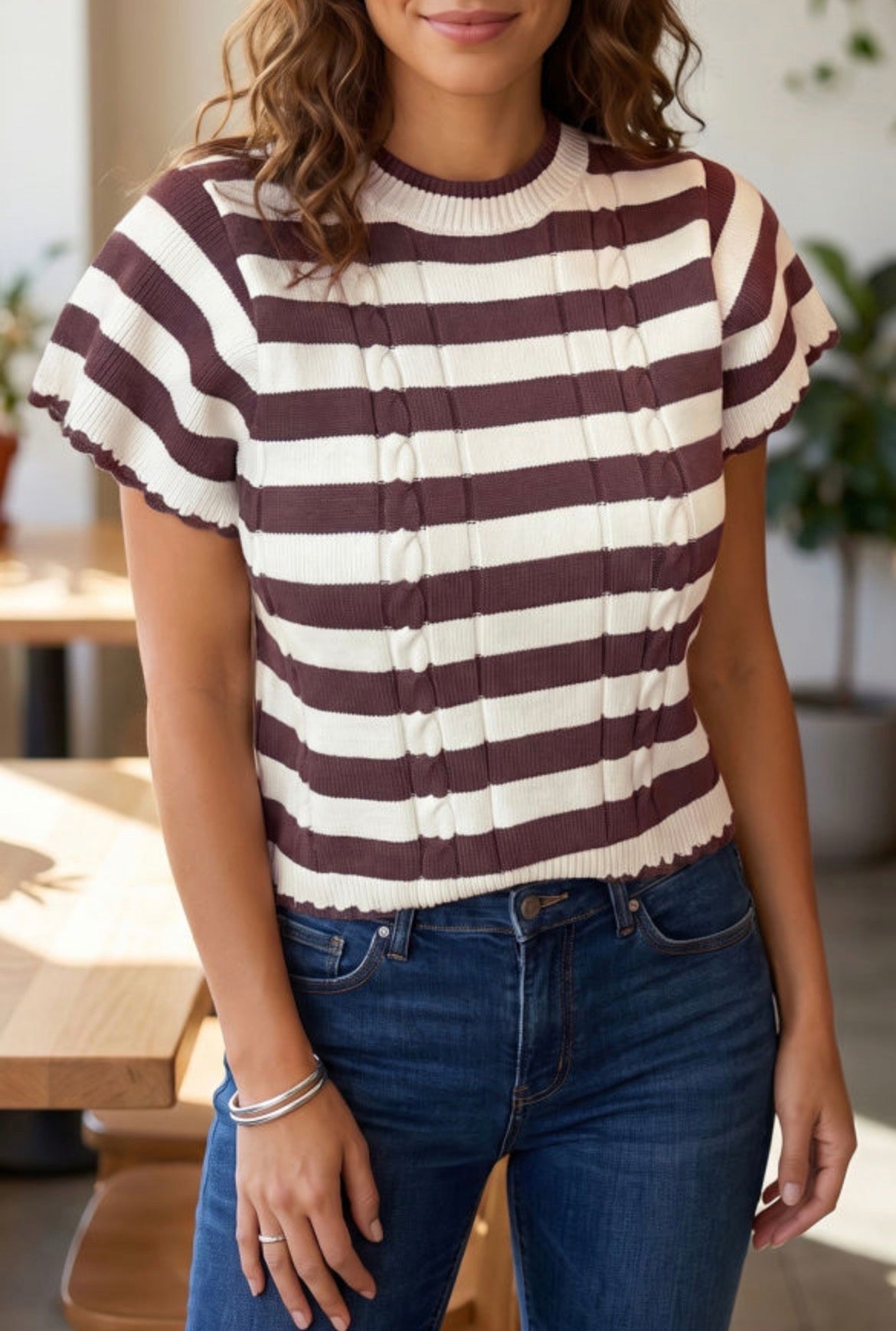 #1083 Brown Stripe Short Sleeve Sweater