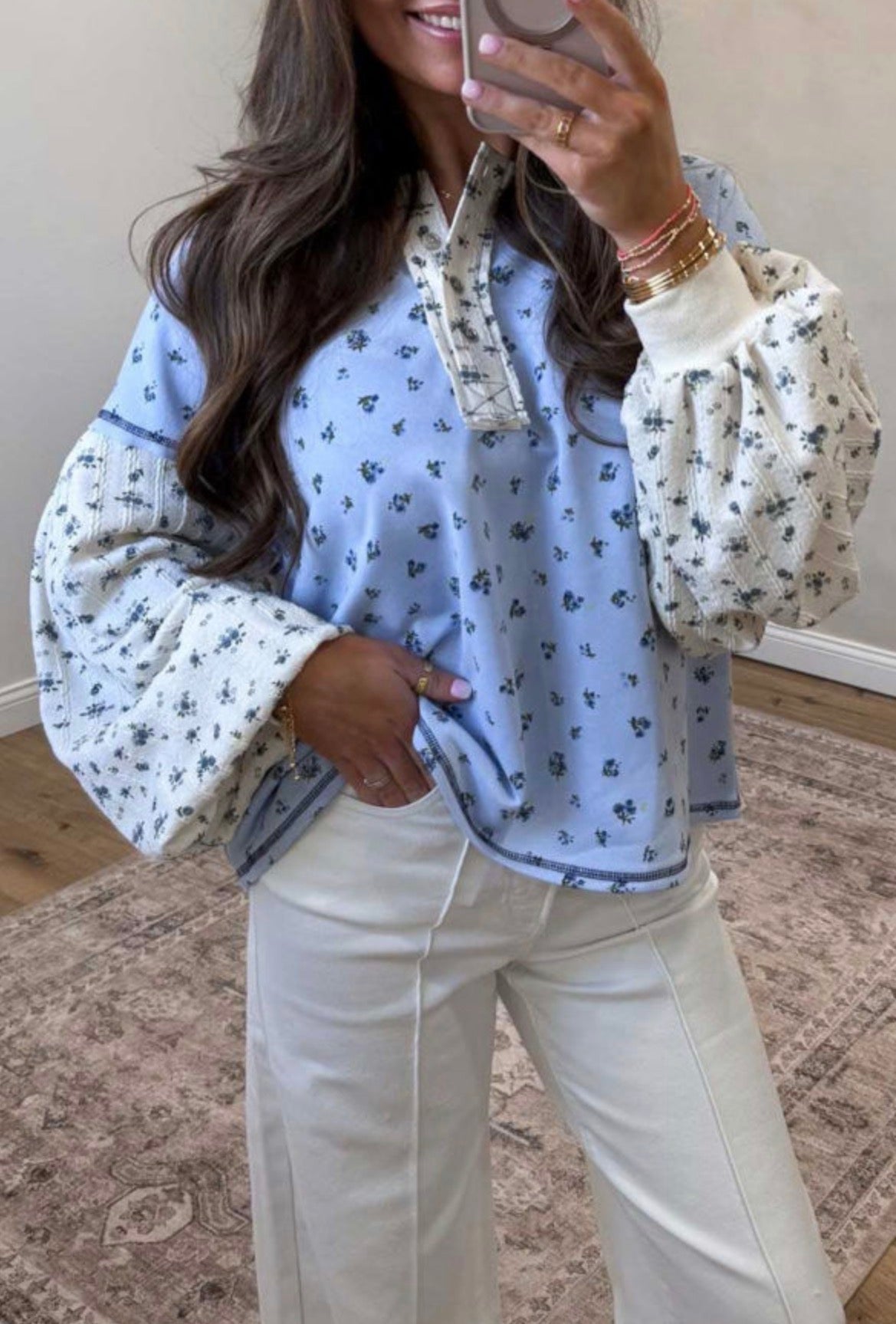 #1134 Sky Blue Floral Print Contrast Long Sleeve Tops