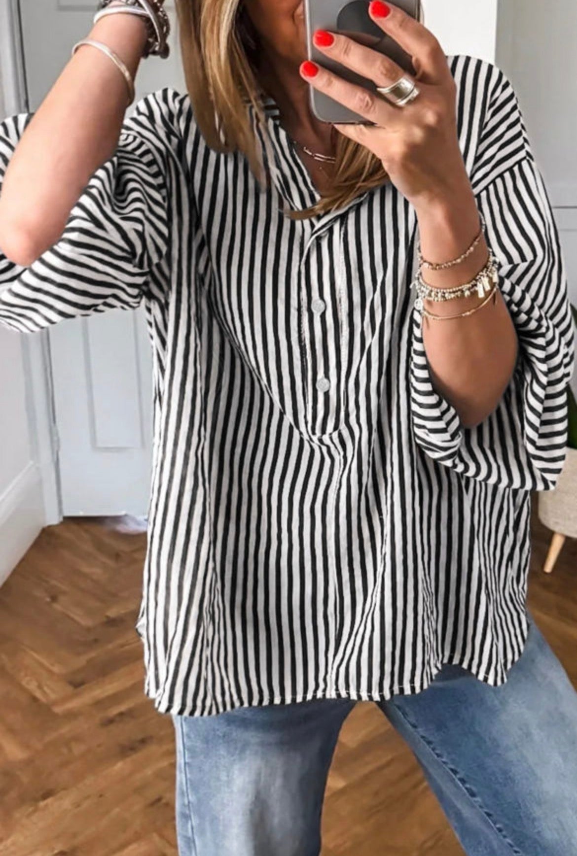 #1137 Black Striped Half Sleeve Button-Up Shirt